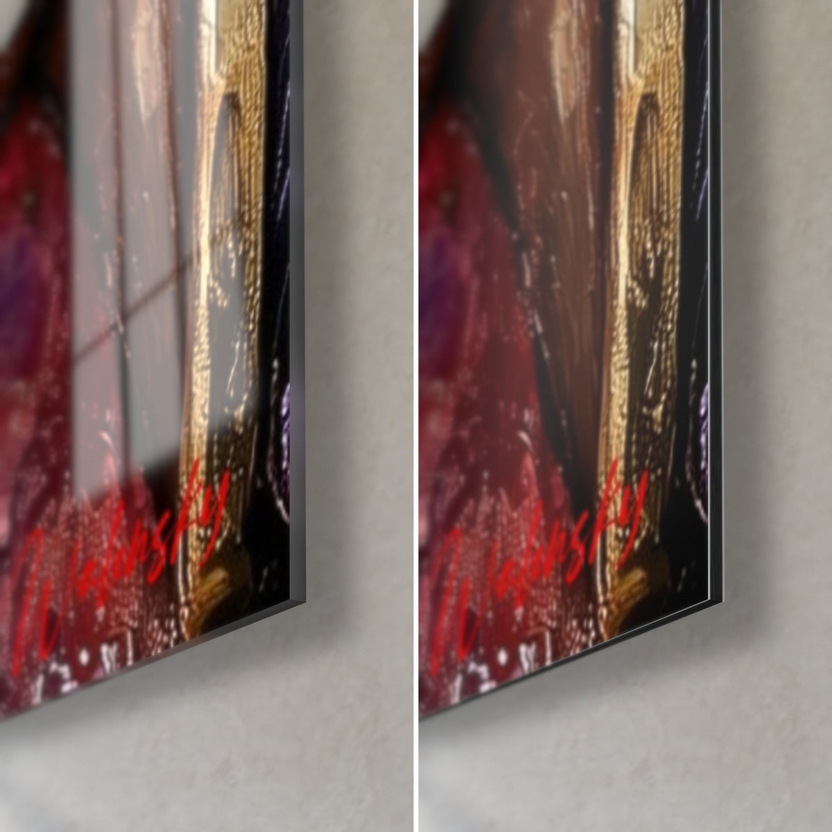 Wall art double profile of pharaohs, bottom right corner: red signature, glossy reflections of the acrylic glass on the left, matte black Dibond on the right