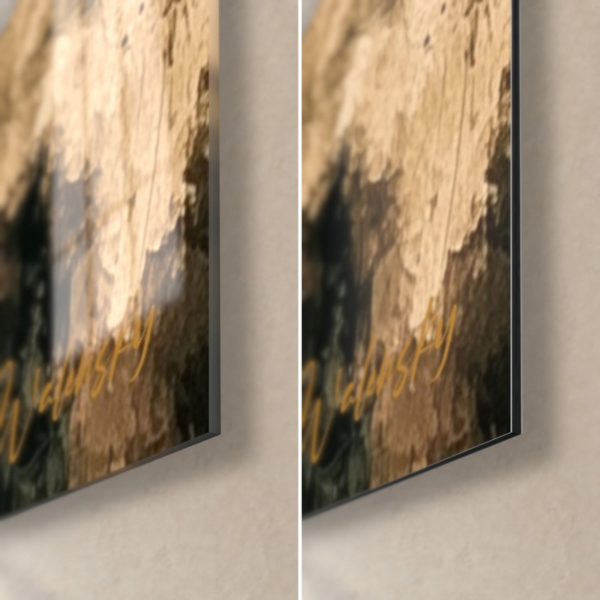 Gemälde Horusauge in Schwarz und Gold, untere rechte Ecke: glänzendes Acrylglas links, matt beiges Dibond rechts, 3 mm Kante