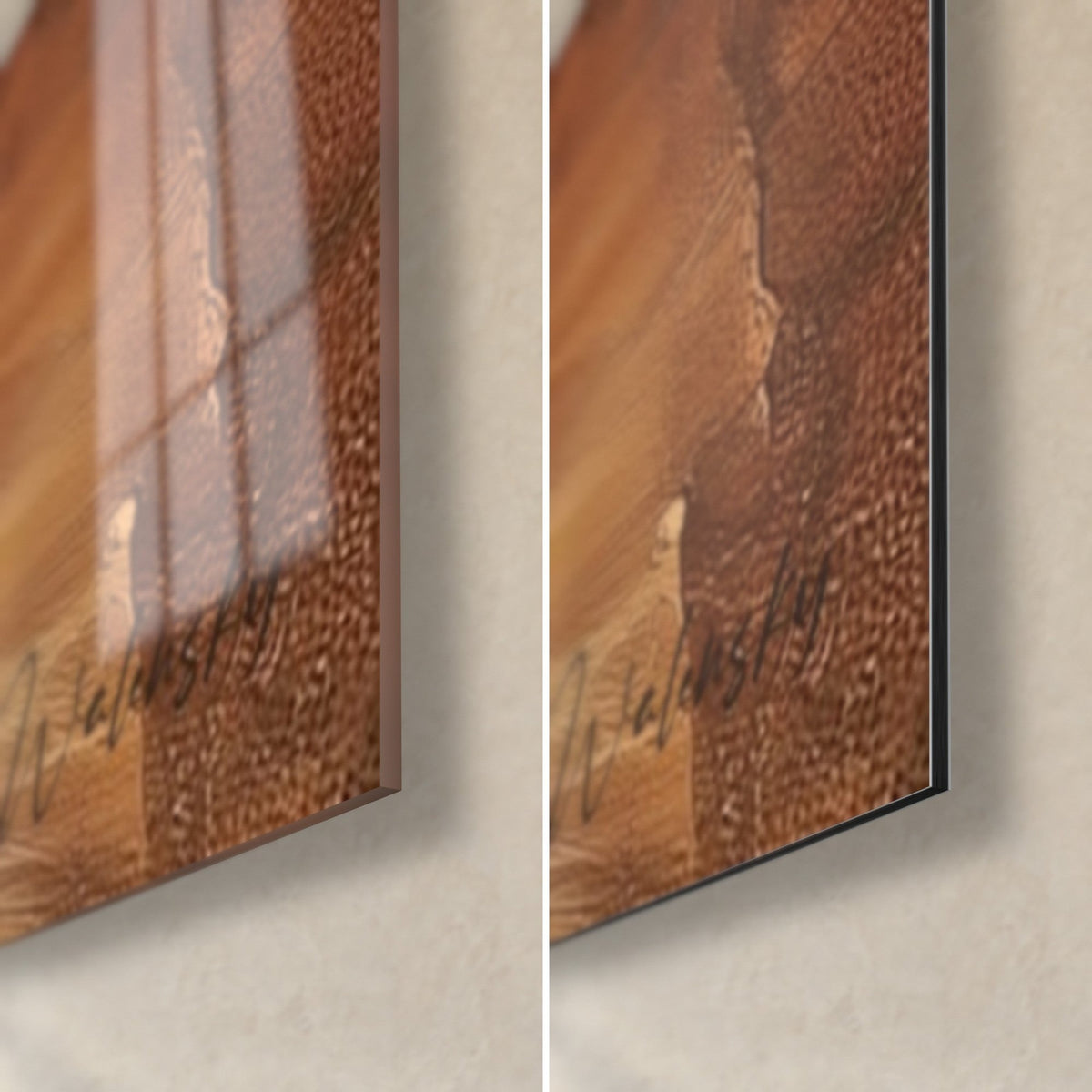 Wall art of a pharaoh with closed eyelids, bottom right corner: glossy acrylic glass with reflections, matte copper-brown Dibond aluminium, 3 mm edge
