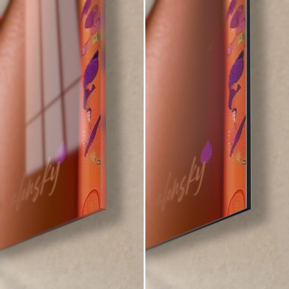 Tableau œil d'Horus rouge et violet, coin bas droit : verre acrylique brillant à gauche, alu Dibond mat orange à droite, tranche de 3 mm