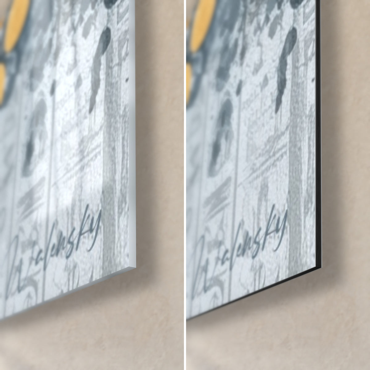 Wall art with a golden mandala on grey hieroglyphs, bottom right corner: glossy glass on the left, matte black Dibond on the right, 3 mm edge