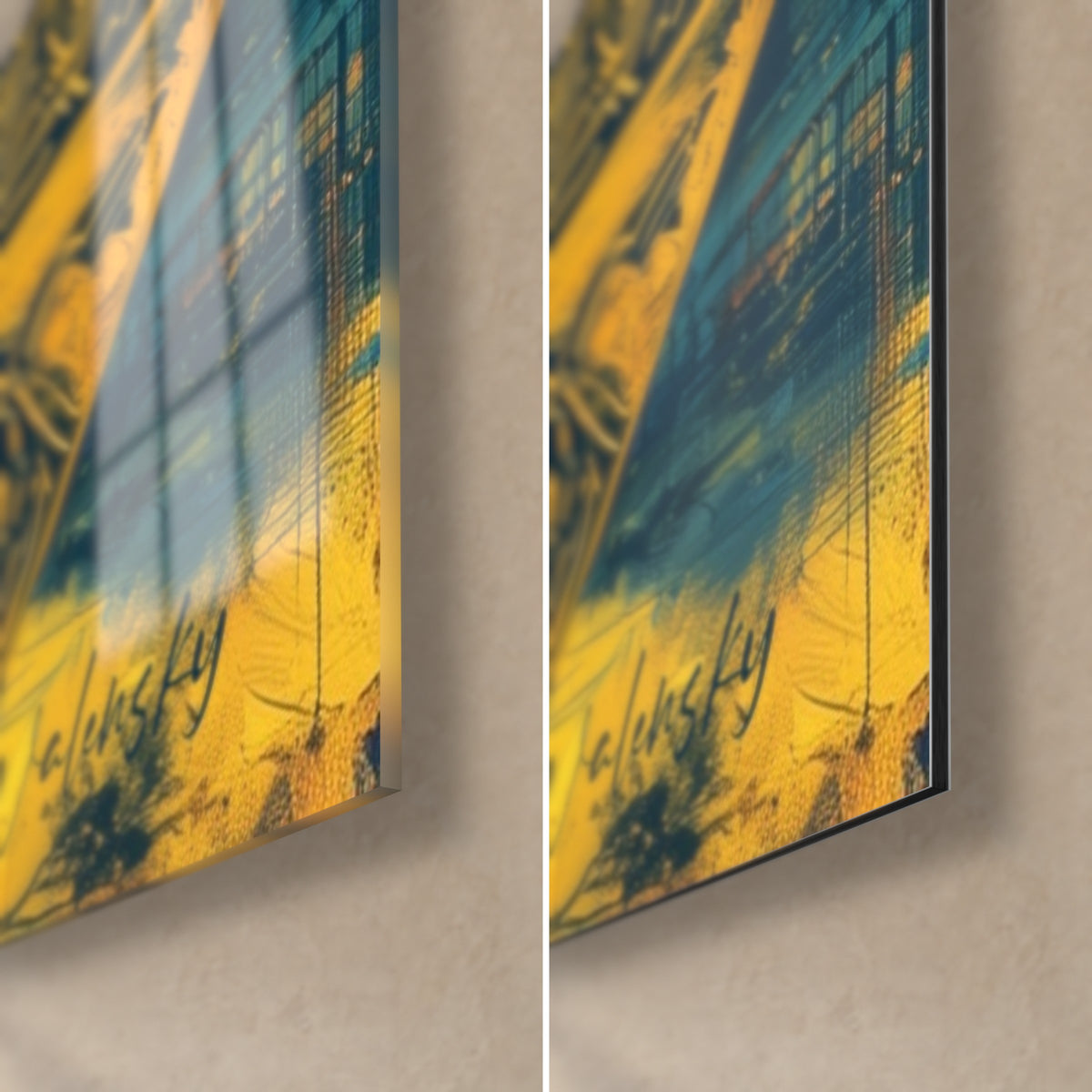 Quadro di ritratto di faraone in triangolo ocra, angolo in basso a destra in vetro lucido e alluminio Dibond opaco, spessore 3 mm