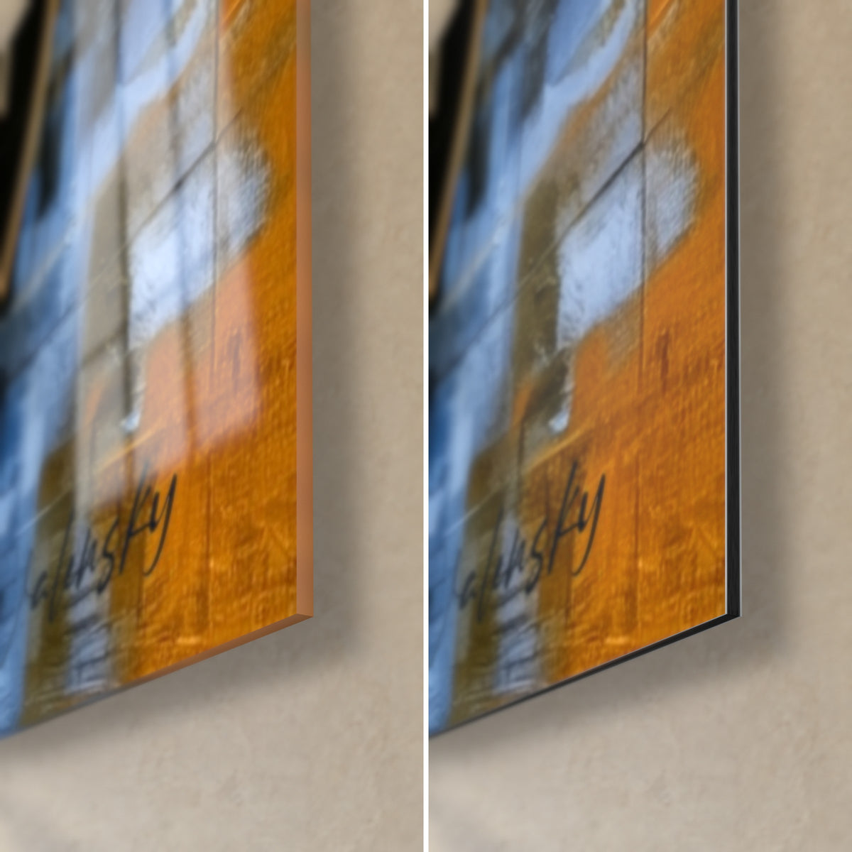 Quadro dea egizia di profilo, angolo blu e arancio in basso a destra, firma Walensky, vetro acrilico lucido a sinistra, Dibond opaco a destra