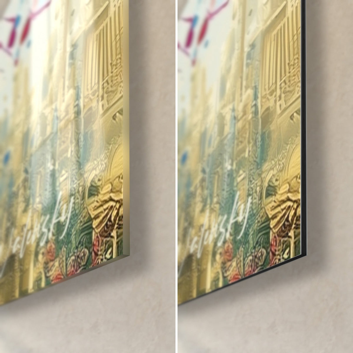 Gemälde Pharaonengesicht in Rosa und Gelb bespritzt, untere rechte Ecke: glänzendes Acrylglas links, mattschwarzes Dibond-Aluminium rechts, 3 mm Kante