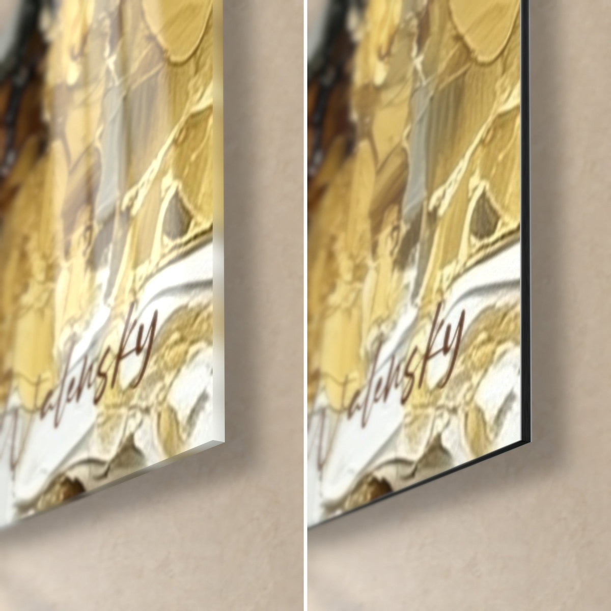 Wall art golden pharaonic faces, bottom right corner, white and gold drips on glossy glass to the left, matt black Dibond to the right