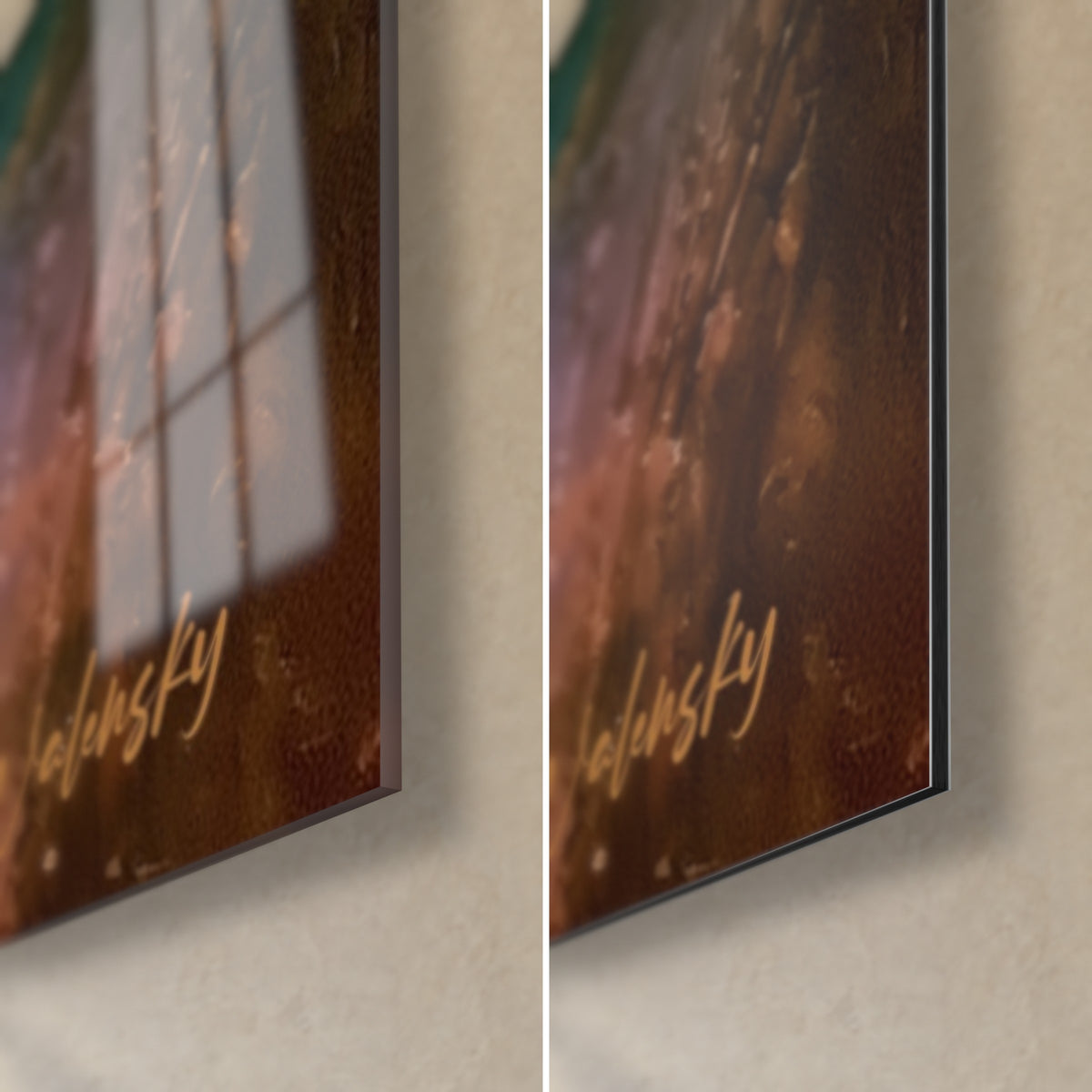 Quadro Occhio di Horus in oro, angolo in basso a destra: vetro lucido con riflessi di finestra, Dibond opaco marrone, firma dorata Walensky