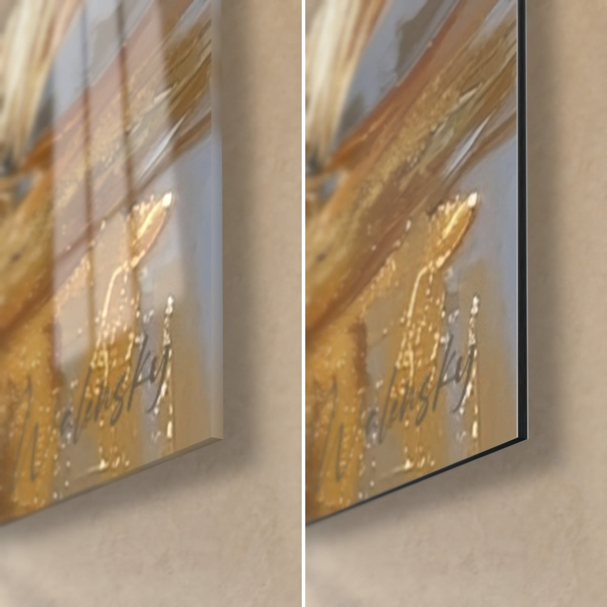 Quadro di uccelli di palude, angolo in basso a destra: vetro acrilico lucido a sinistra, Dibond opaco a destra, firma dorata e bordo da 3 mm
