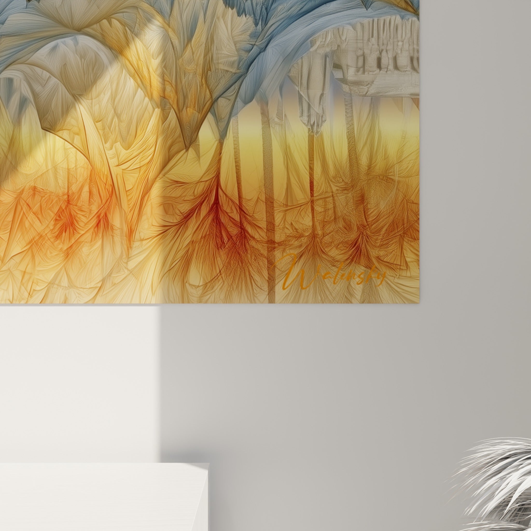 Grain et empâtements dorés révélant les détails fractals bleus de cette œuvre égyptienne