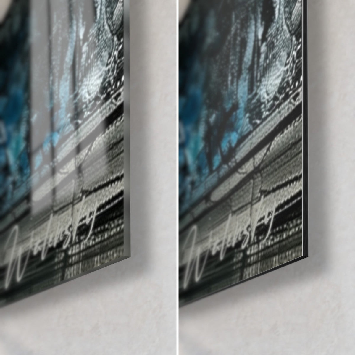 Wall art pharaoh in sculpted profile, bottom right corner: glossy acrylic glass with reflections, matte grey and blue Dibond aluminium, 3 mm edge