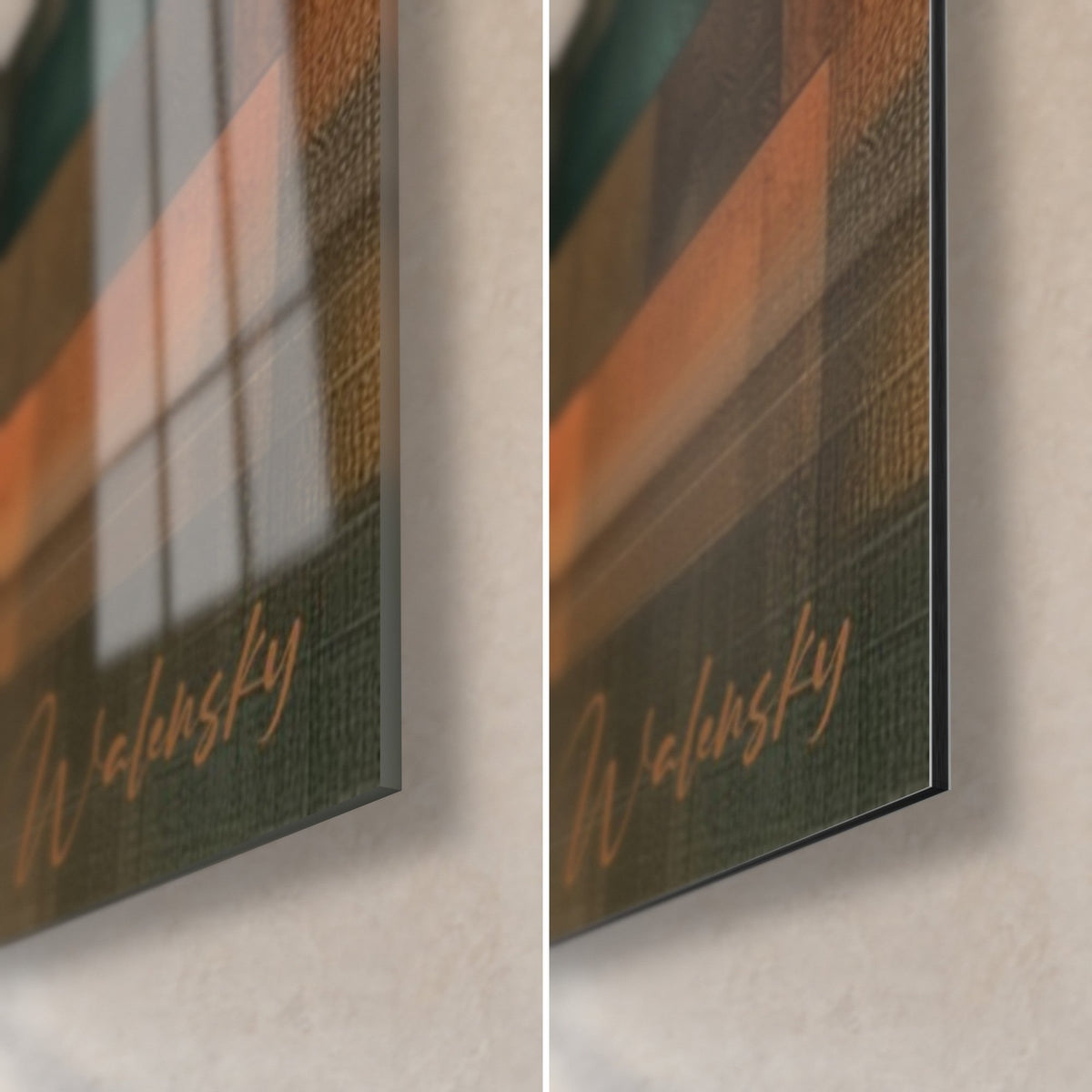 Gemälde ägyptisches Mosaik in Entenblau und Orange, untere rechte Ecke aus glänzendem Acrylglas und mattem Alu-Dibond, 3 mm Stärke