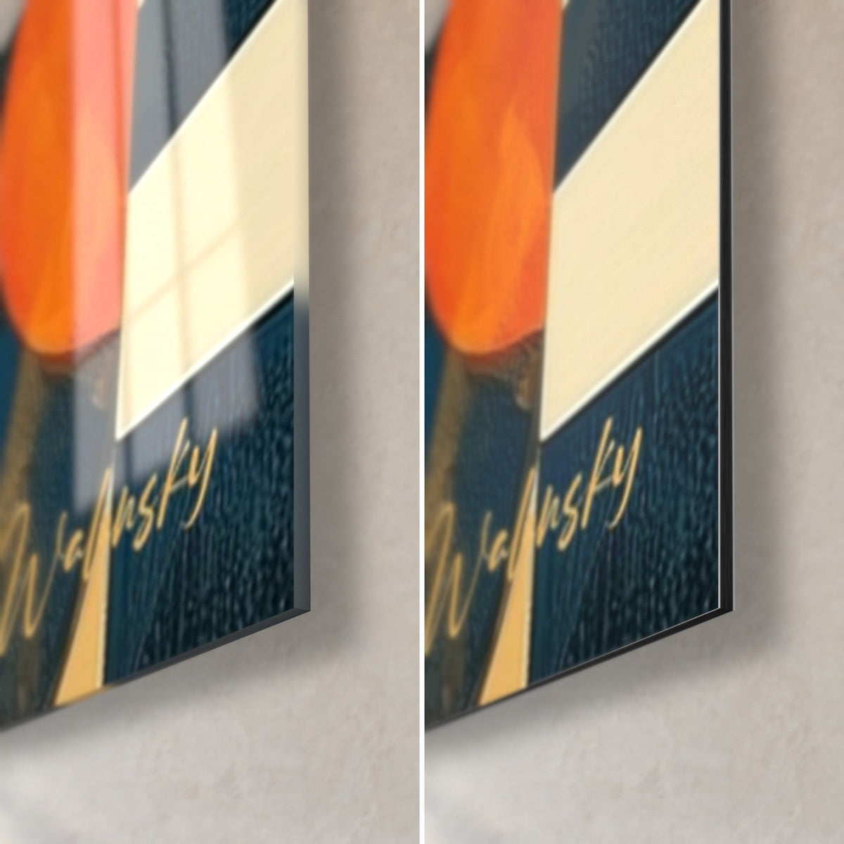 Schilderij farao met zonnetooi, rechtsonder hoek in glanzend glas en mat Dibond, gouden Walensky-handtekening op marineblauw