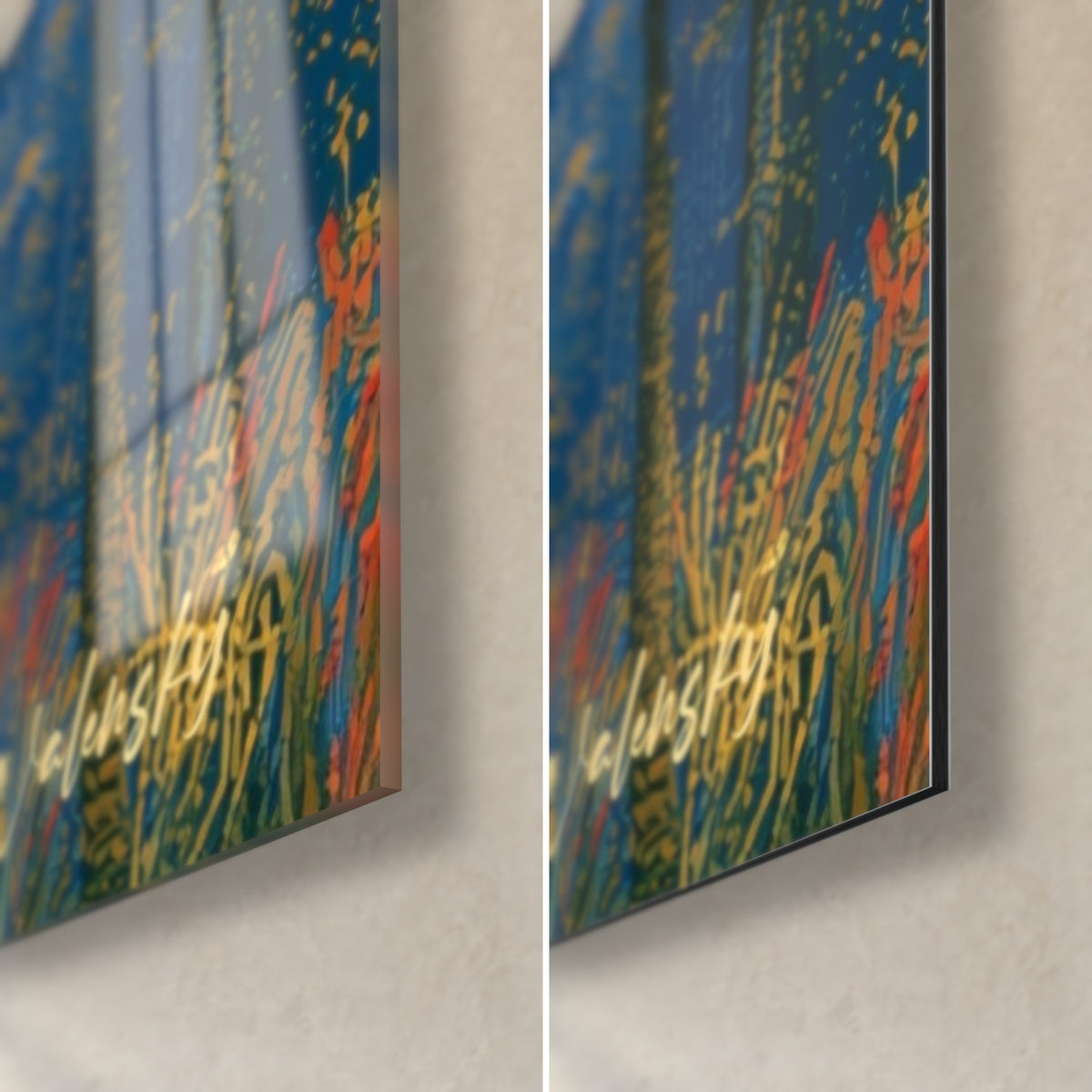 Tableau temple du Nil au soleil rouge, coin bas droit : verre acrylique brillant et reflets, Dibond mat noir, tranche de 3 mm