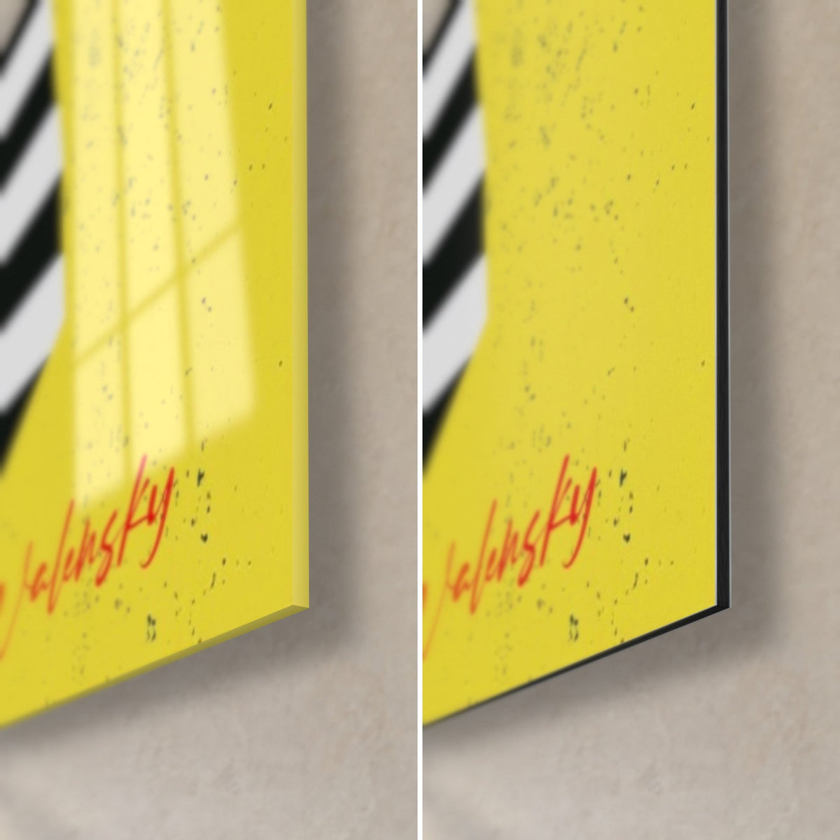 Wall art Egyptian portrait in vivid yellow, red Walensky signature, 3 mm black edge, glossy glass and matt Dibond, bottom right corner