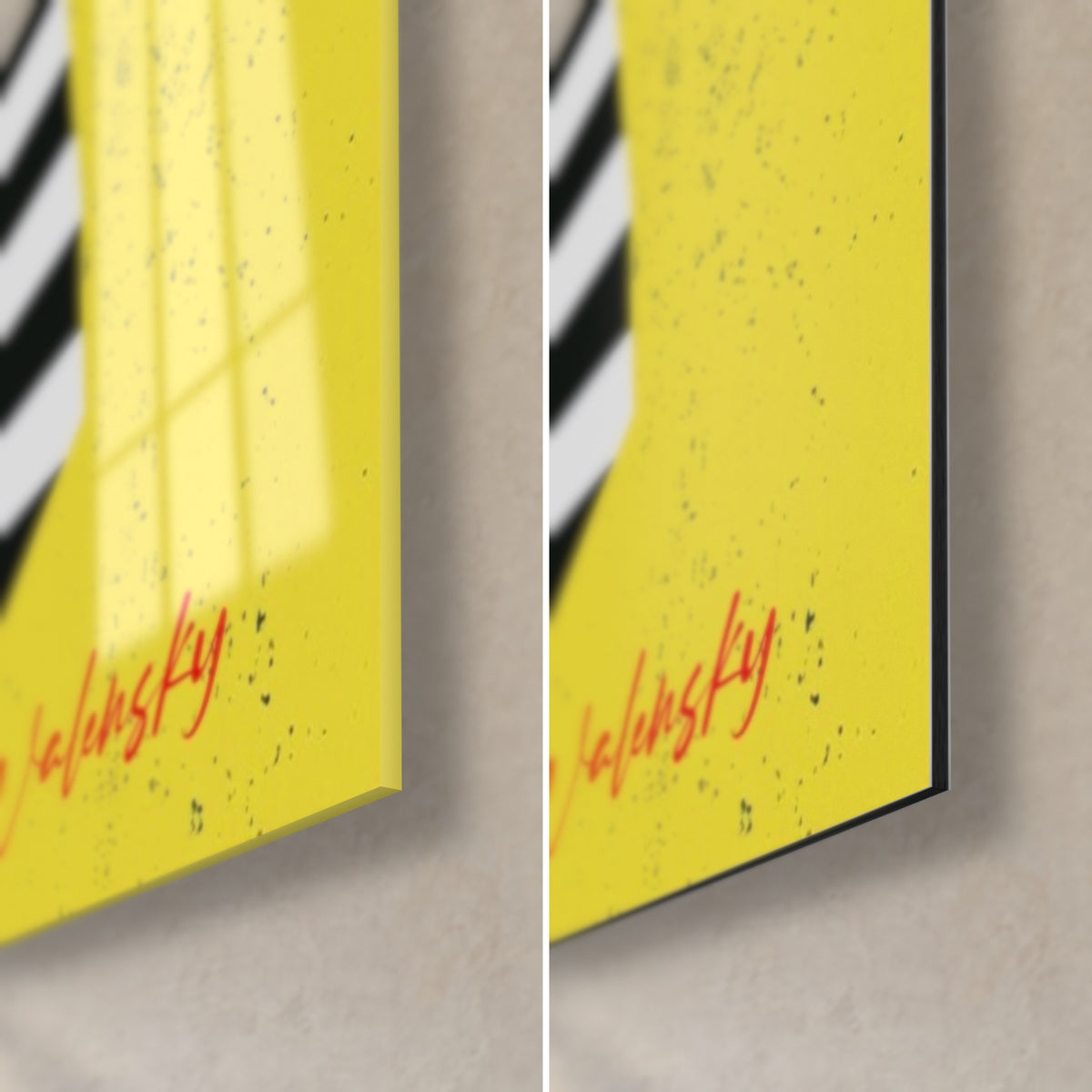 Cuadro retrato egipcio en amarillo intenso, firma roja Walensky, borde negro de 3 mm, cristal brillante y Dibond mate, esquina inferior derecha