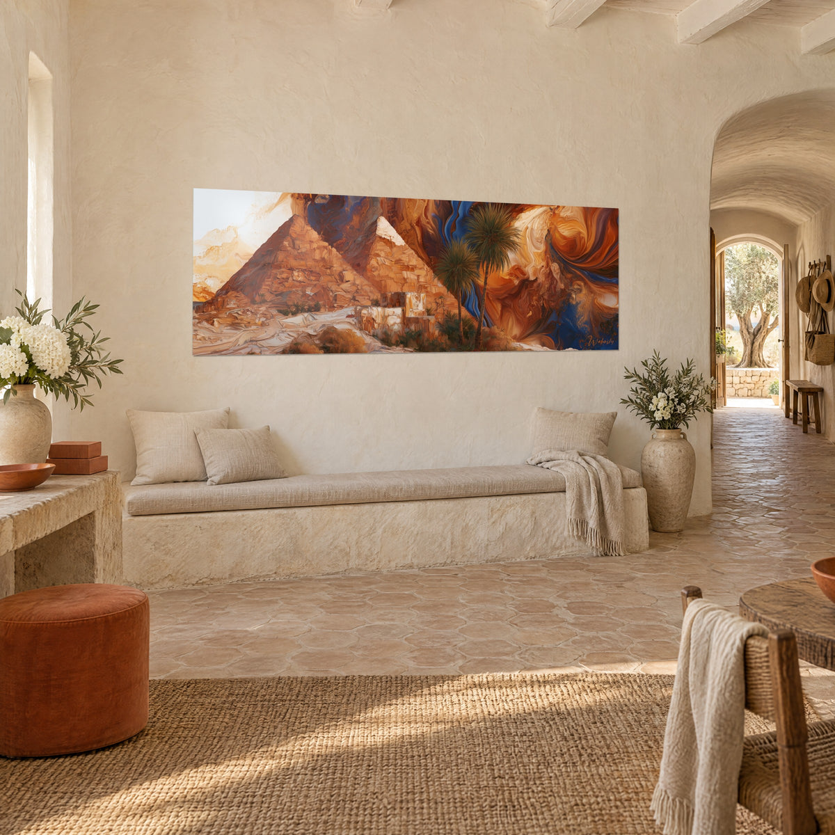 Panoramic wall art of the Egyptian desert, two orange pyramids and dark palms in front of a midnight-blue swell, Provençal farmhouse in three-quarter view