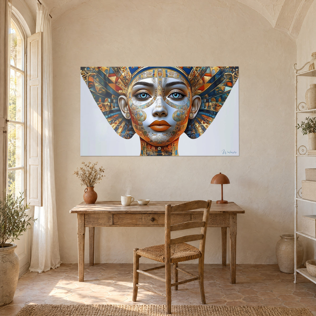 Schilderij buste van een farao-koningin met lichte ogen, gouden en turquoise ornamenten op parelgrijze achtergrond, boven een houten bureau
