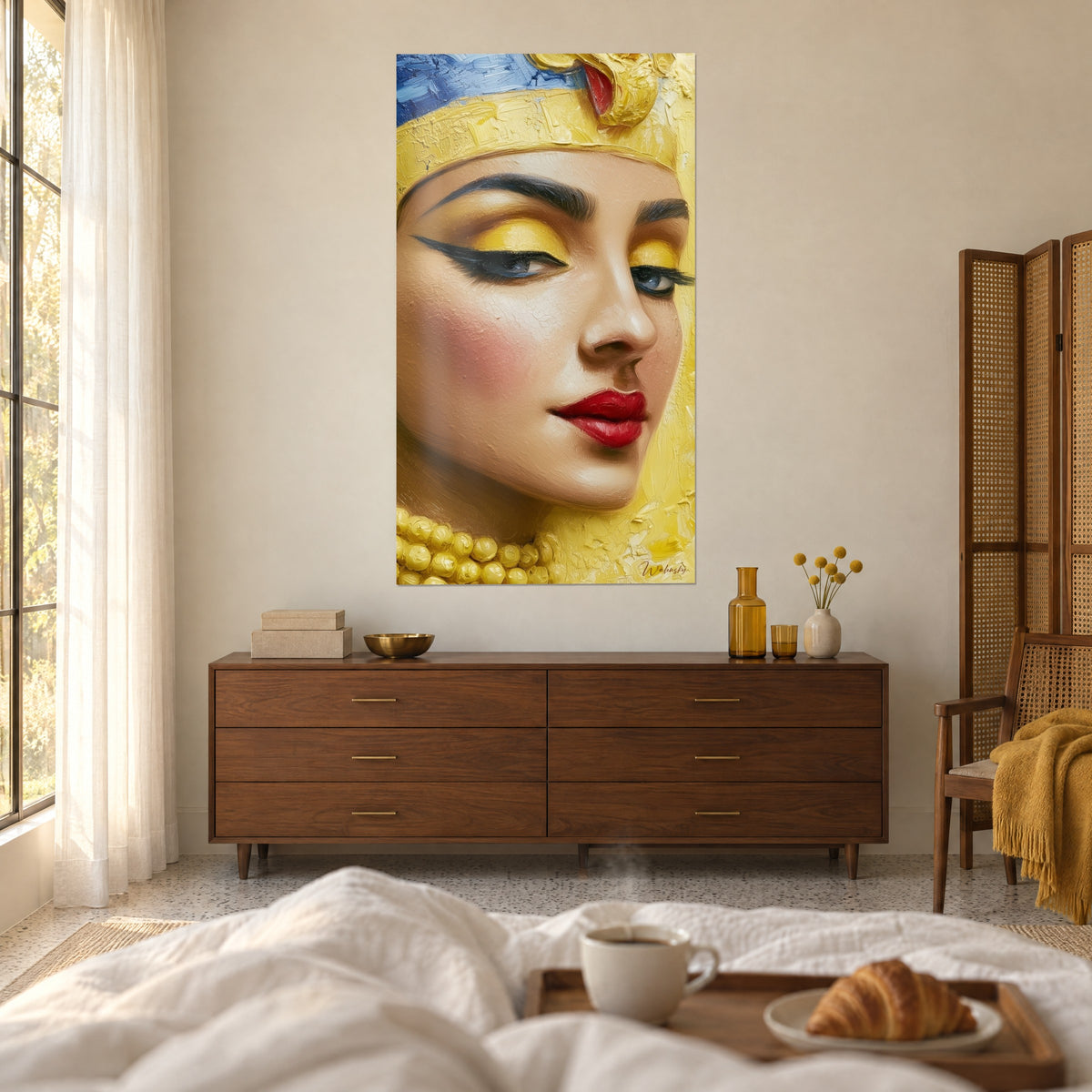 Cuadro retrato antiguo de ojos azules, mejillas sonrosadas y collar de perlas amarillas, encima de una cama en un dormitorio claro