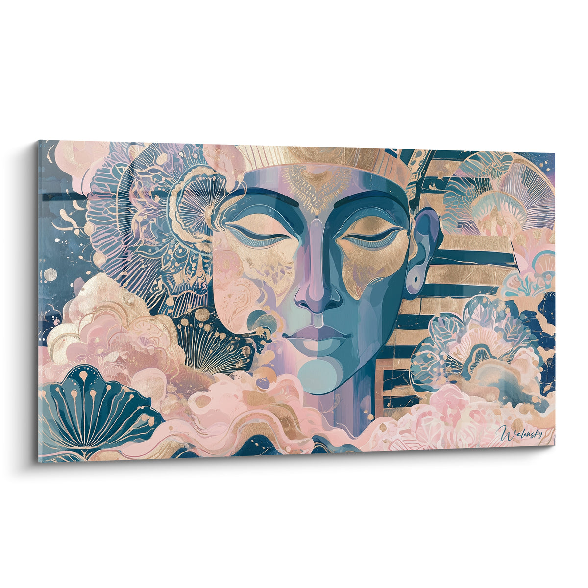 Visage pharaonique bleu marine et rose poudré entouré de fleurs dorées stylisées