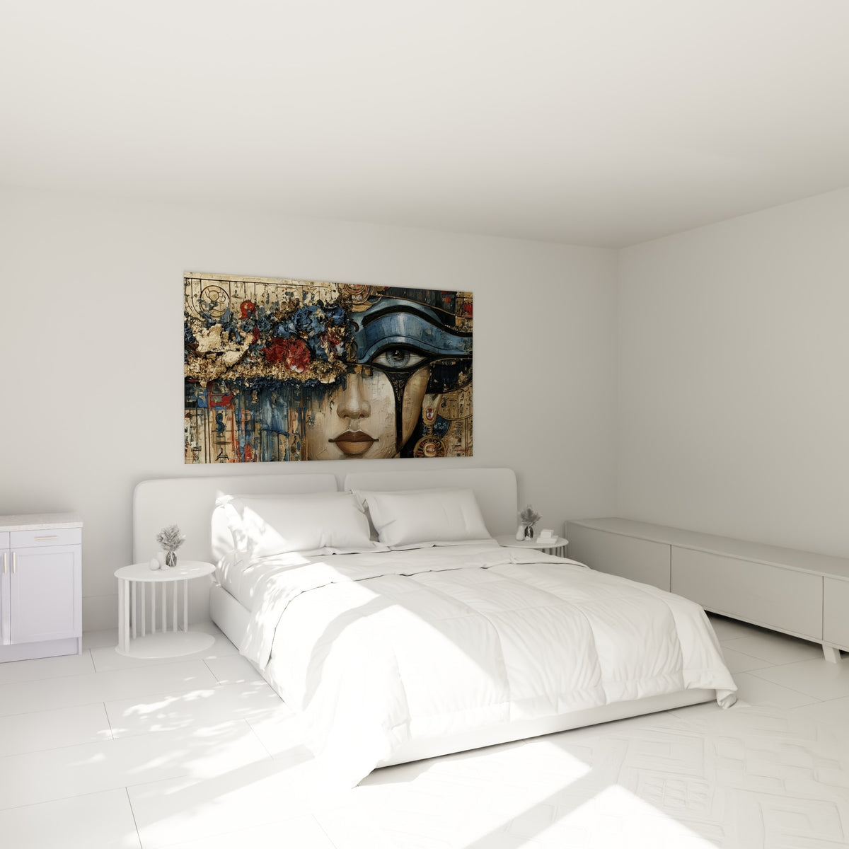 Portrait égyptien bleu et doré à l'œil d'Horus au-dessus d'un lit dans une chambre claire