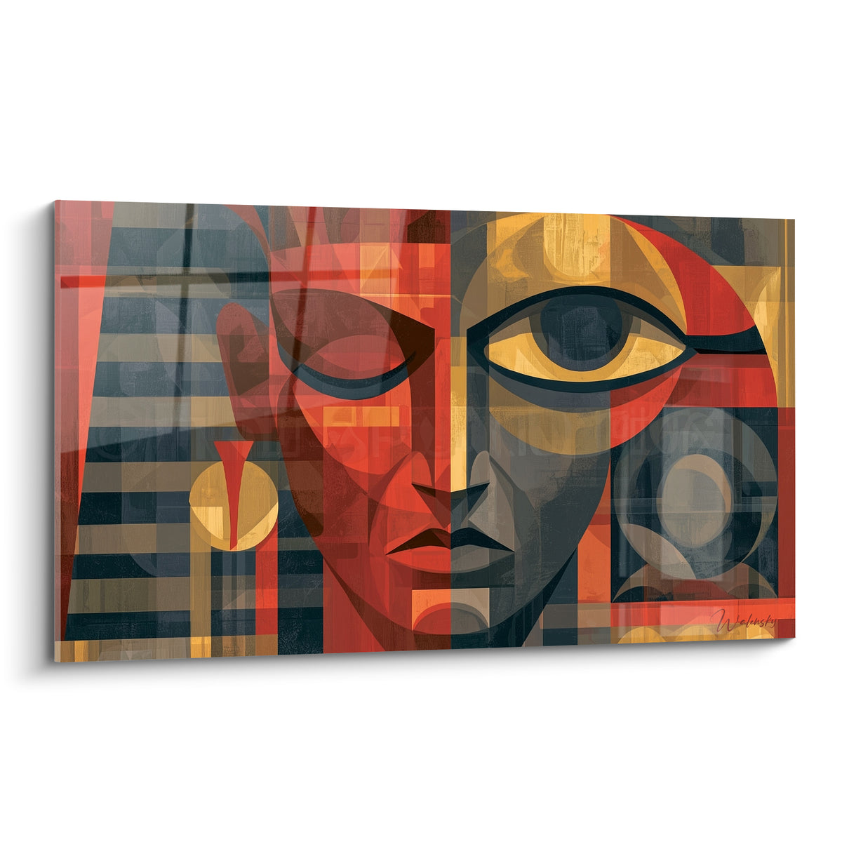 Visage pharaonique aux teintes terracotta et dorées, œil géométrique cerclé de noir, style cubiste