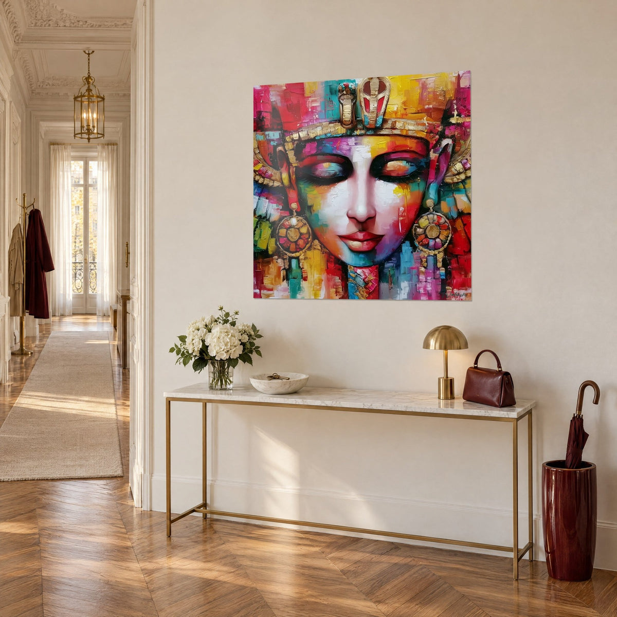 Wall art Egyptian queen in thick impasto paint, red lips, round gold earrings, on a Haussmann-style entrance wall
