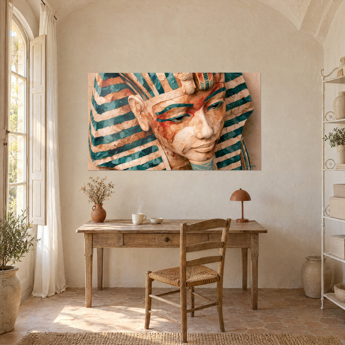 Tableau sphinx royal peint en coups de couteau, nuances turquoise et beige, uraeus ocre sur le front, mur crème d'un bureau en bois