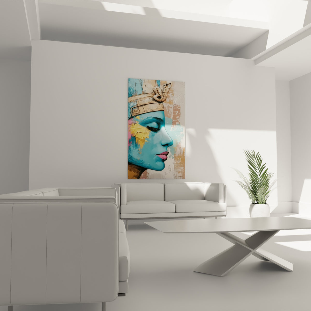 Profil de pharaonne bleu turquoise aux lèvres roses, accroché au-dessus d'un canapé dans un salon lumineux
