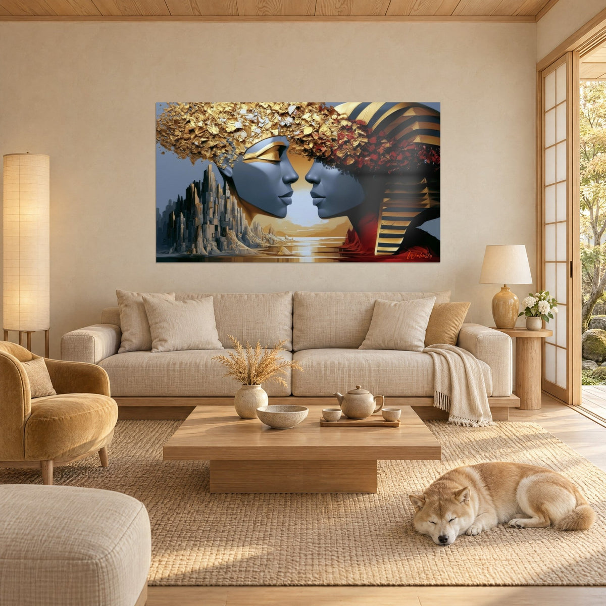 Wall art two pharaonic profiles in slate blue, shattered gold and red accents, facing each other, a sleeping Shiba, above a sofa in a bright living room