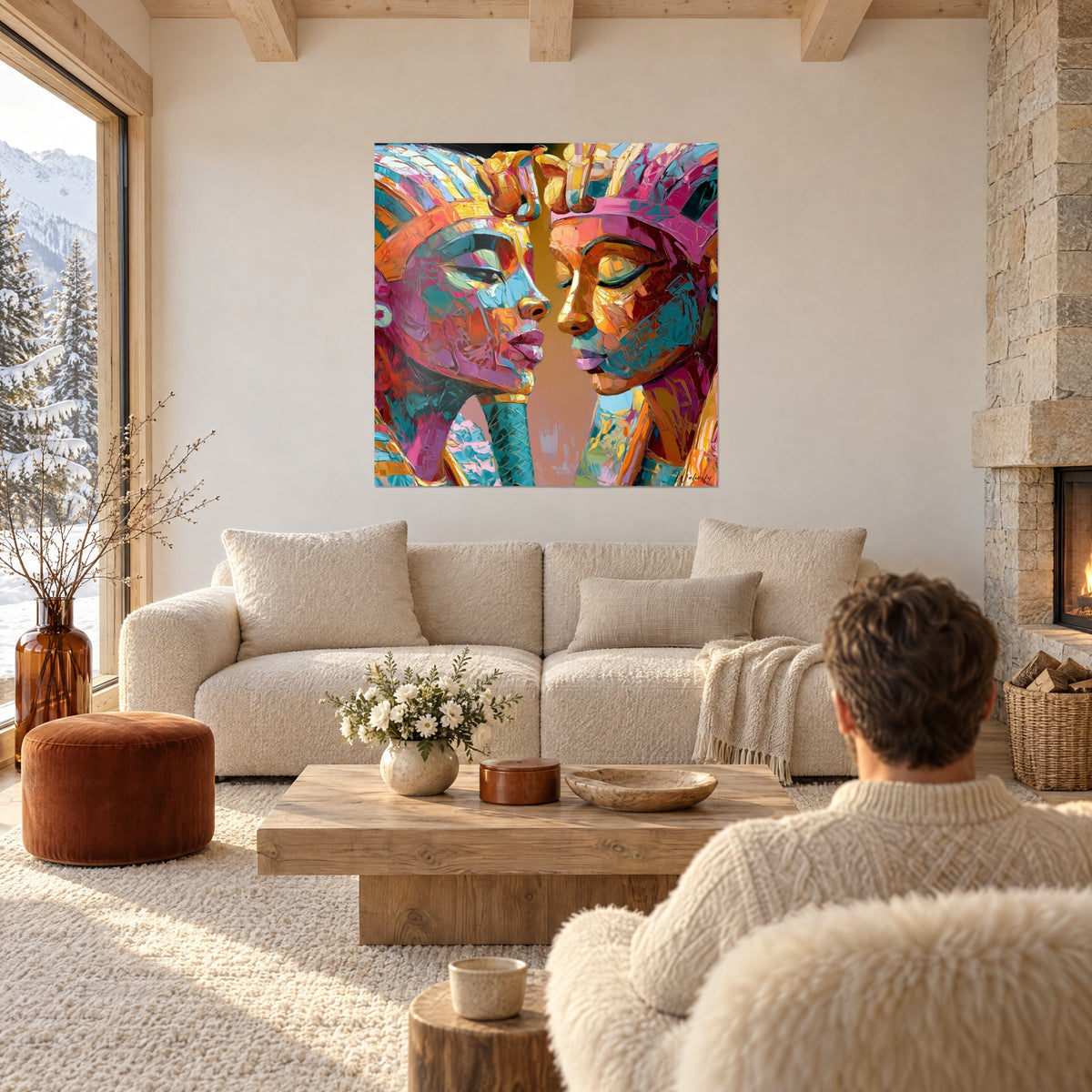 Quadro due volti faraonici turchese e magenta, pennellate dorate a spatola, sopra un divano in un soggiorno luminoso