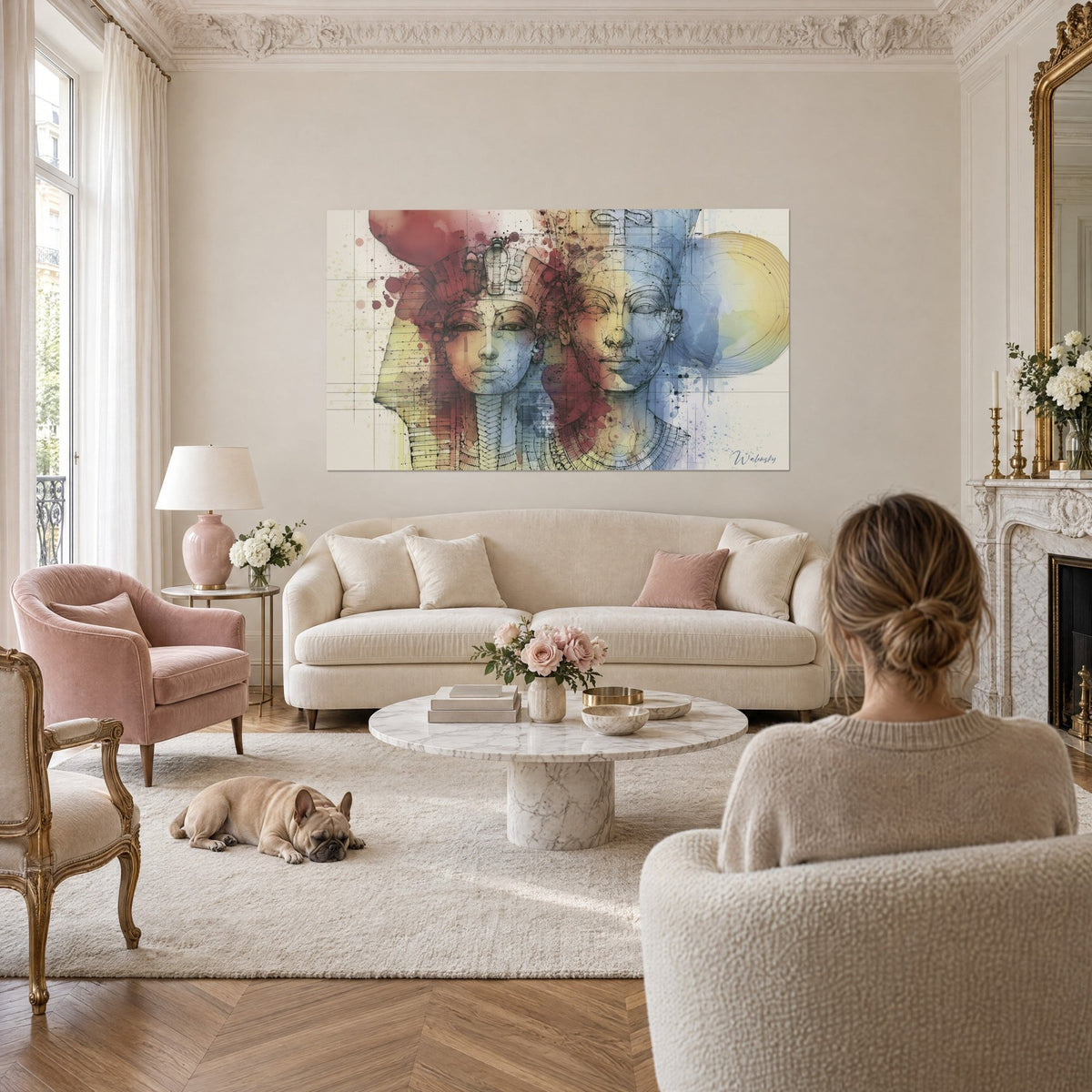 Quadro due faraoni abbozzati, bordeaux e blu, disco solare giallo, bulldog sdraiato, sopra un divano in un soggiorno luminoso
