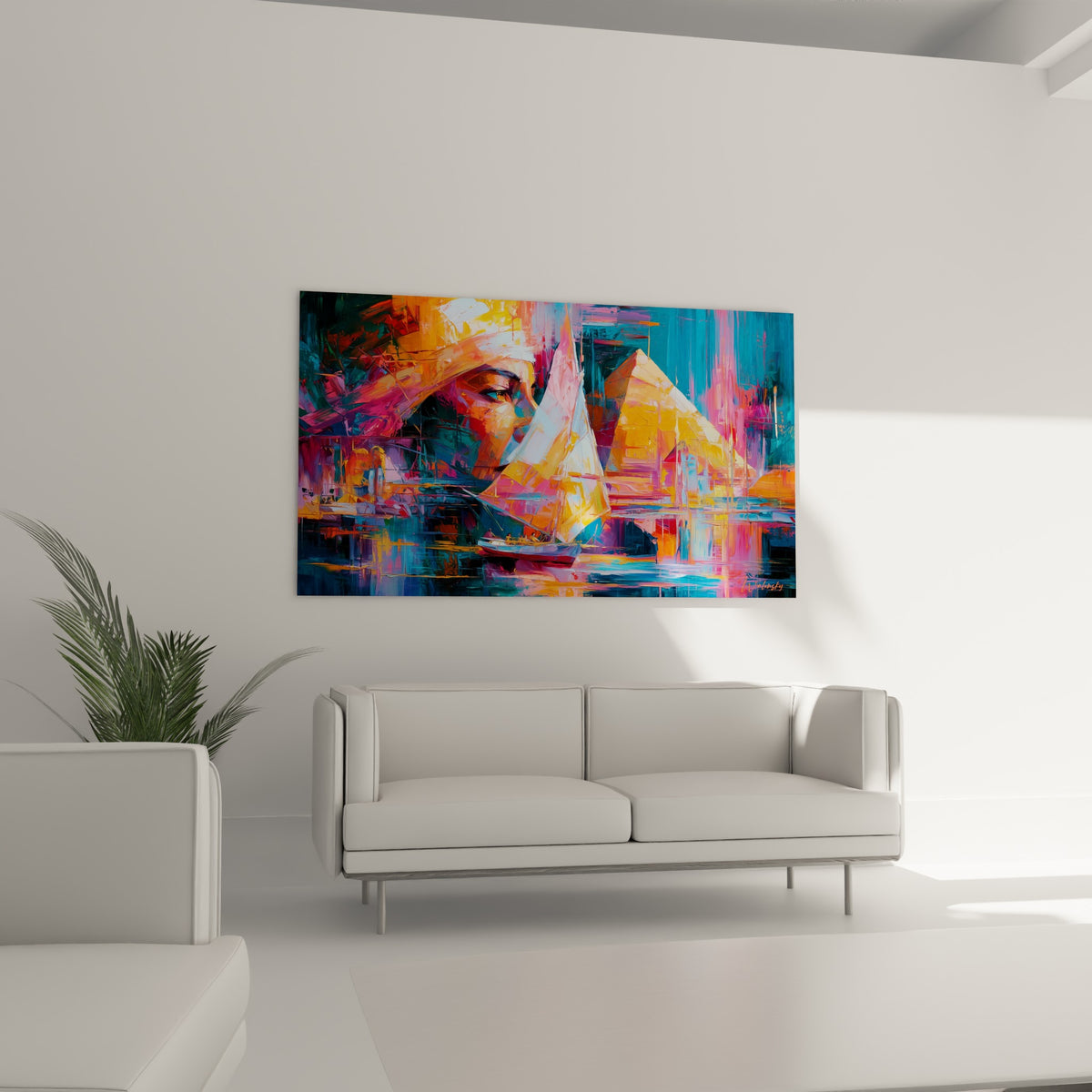 Felouque blanche et orange voguant devant un profil pharaonique bleu, au-dessus d'un canapé dans un salon lumineux