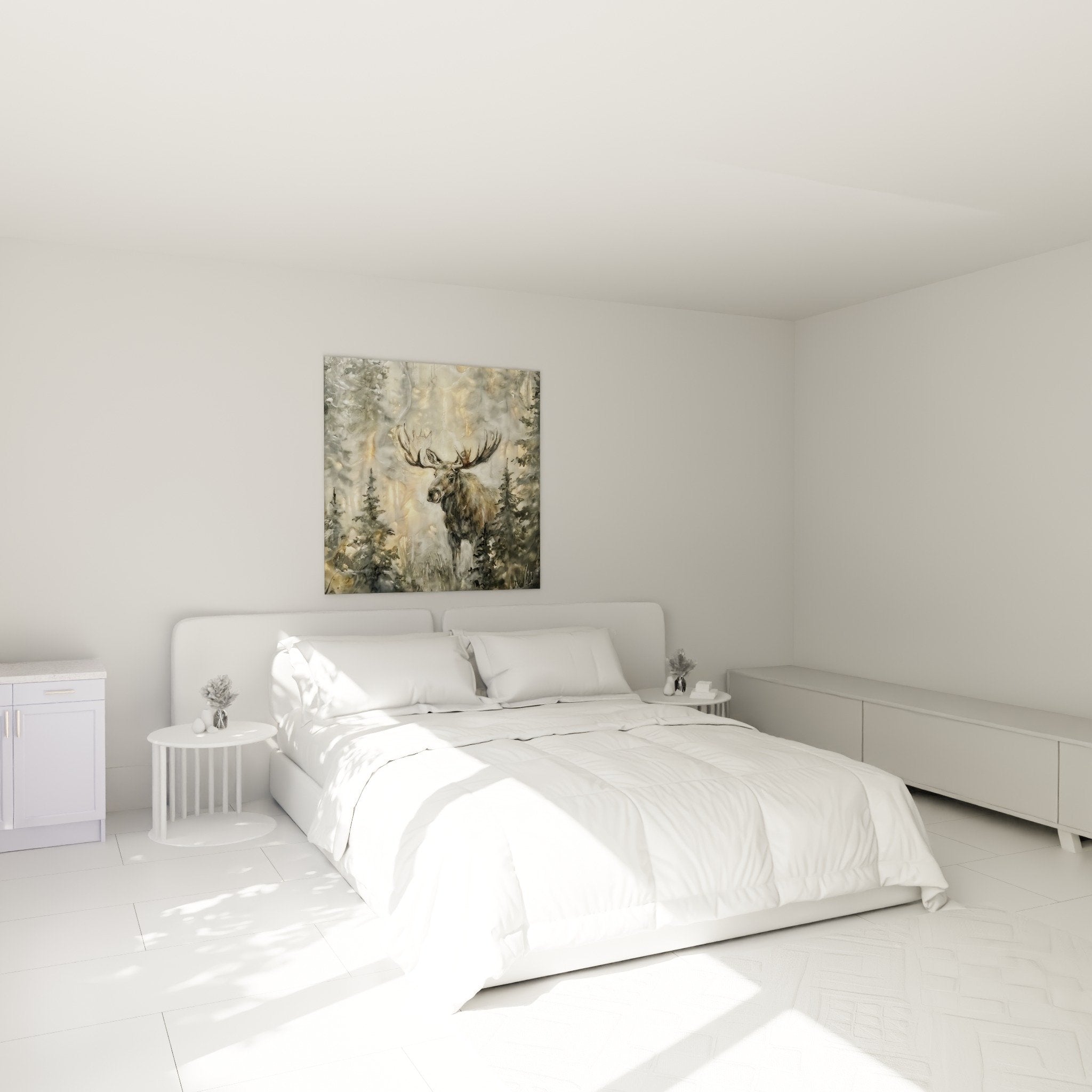 Tableau élan forêt brumeuse chambre mur beige décoration nature ambiance apaisante tons dorés