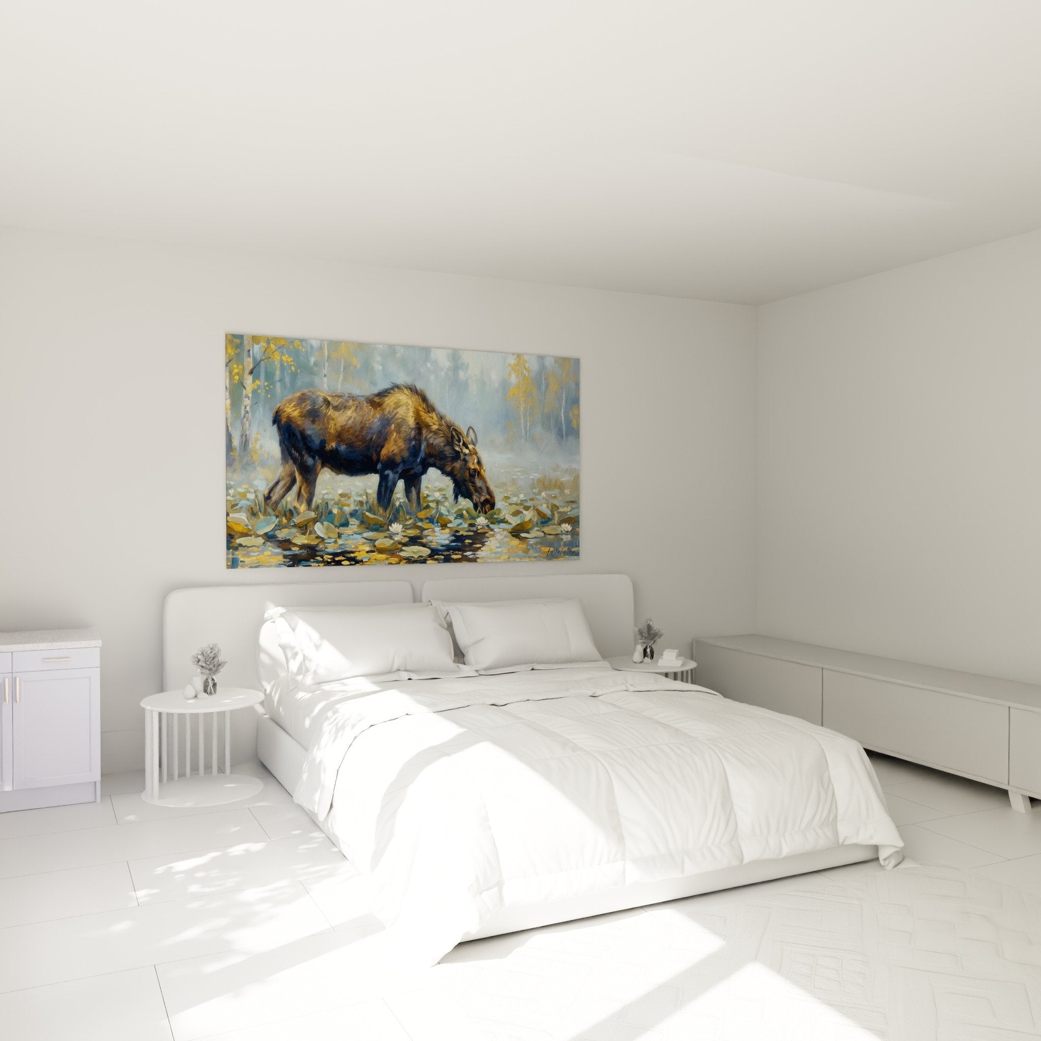Hirsch-Kunstwerk im modernen Schlafzimmer, beruhigende Wildnis-Atmosphäre, Wanddekoration in Gold- und Blautönen