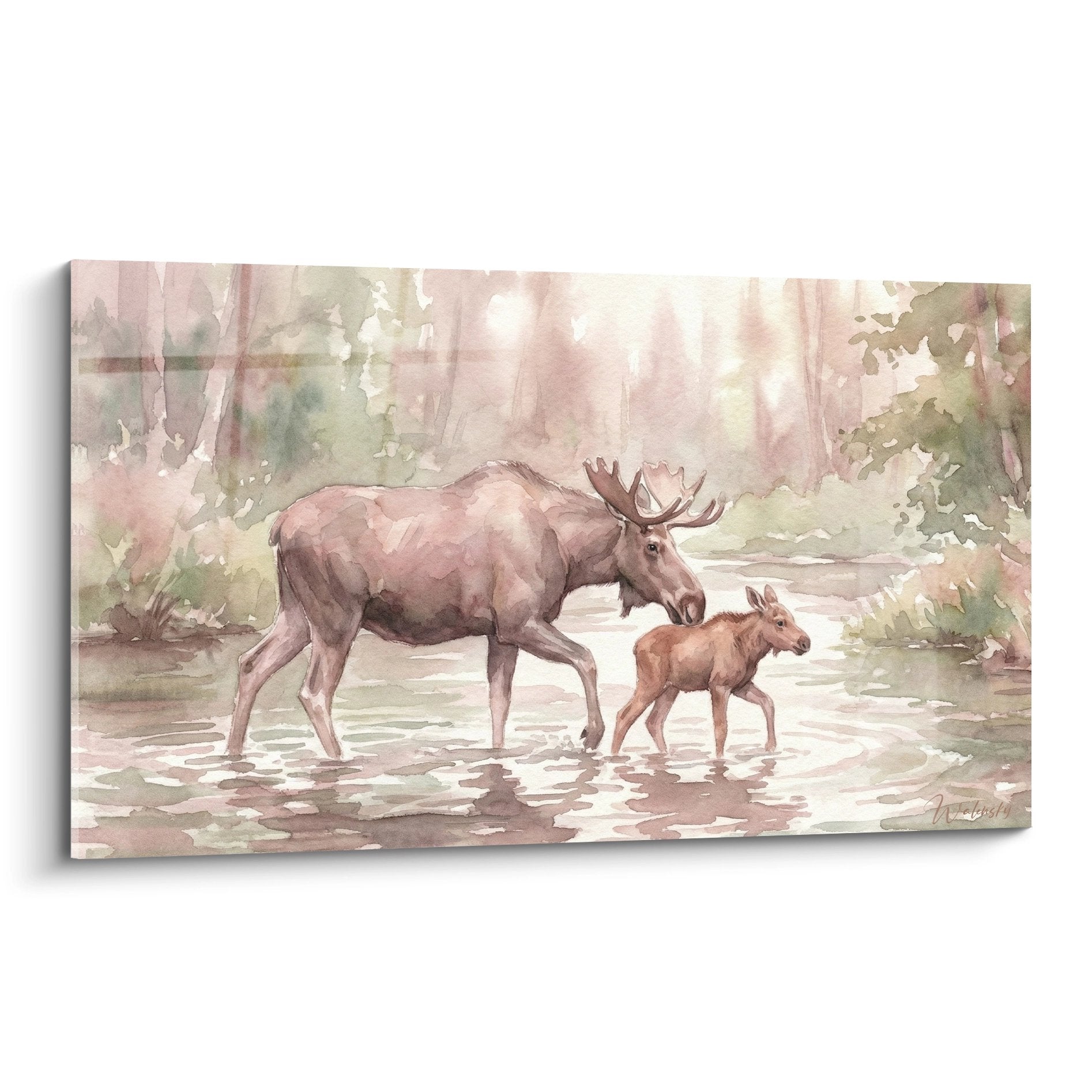 Aquarellgemälde Hirsch und Hirschkuh in Rosa-Tönen im Wald mit Wasserreflexionen, zartem Stil, Elan-Edition