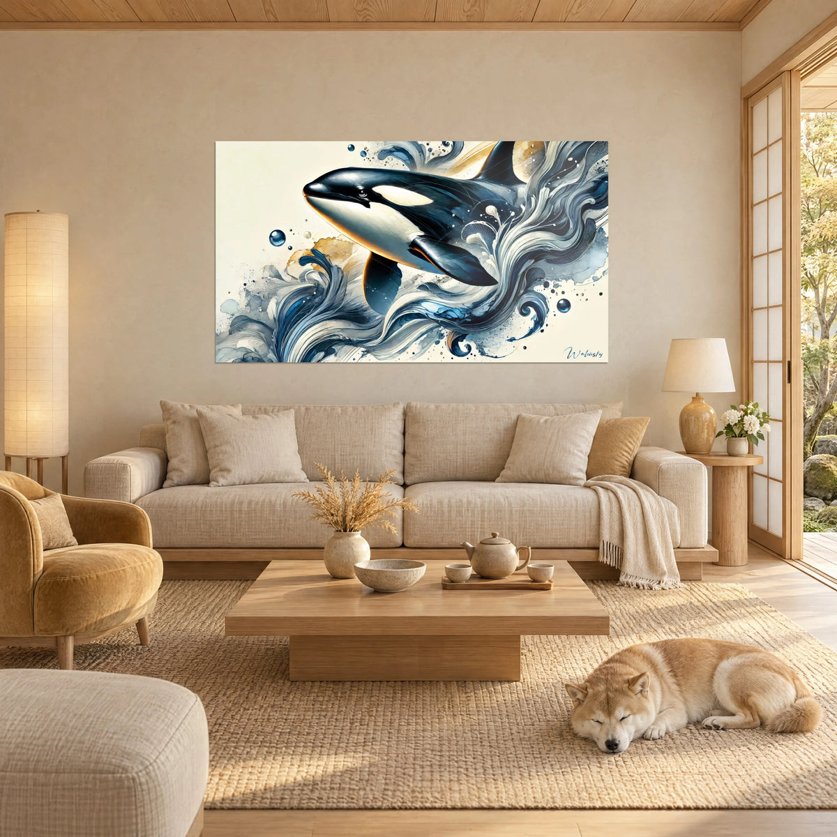 Wall art black and white leaping orca amid navy and gold swirls, a Shiba sleeps atop a sofa in a bright living room