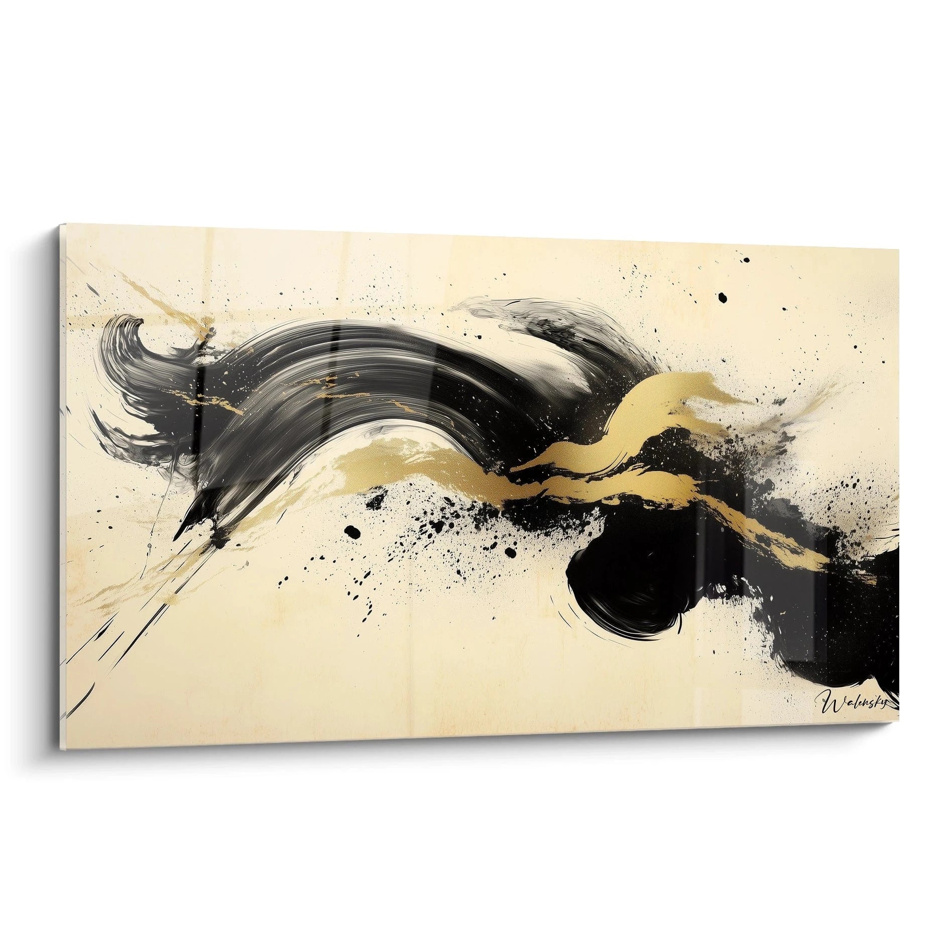 Tableau minimaliste abstrait de Walensky avec des couleurs noir et or, ajoutant une touche moderne à votre décoration