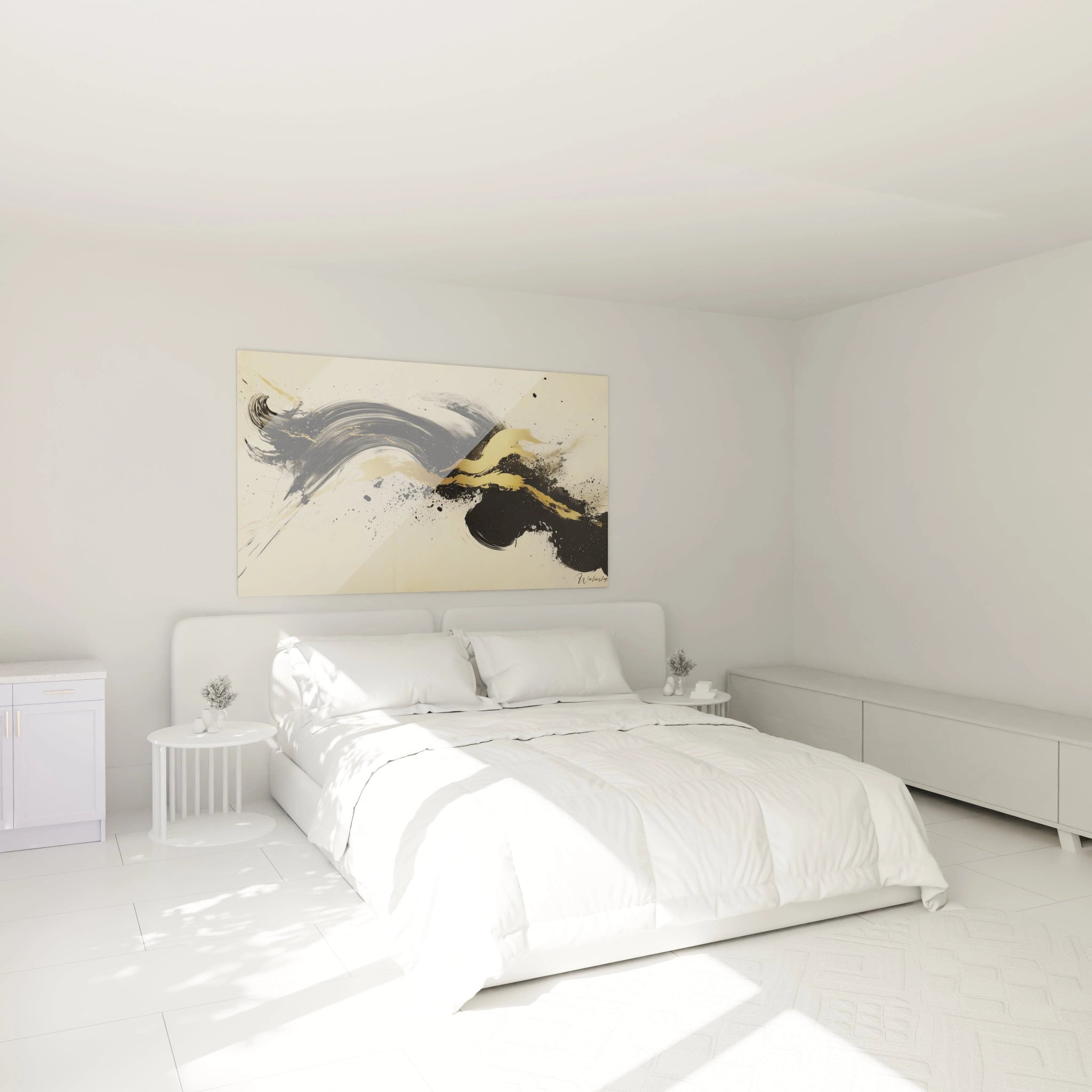 Tableau minimaliste abstrait de Walensky avec des nuances de noir et doré pour un décor moderne