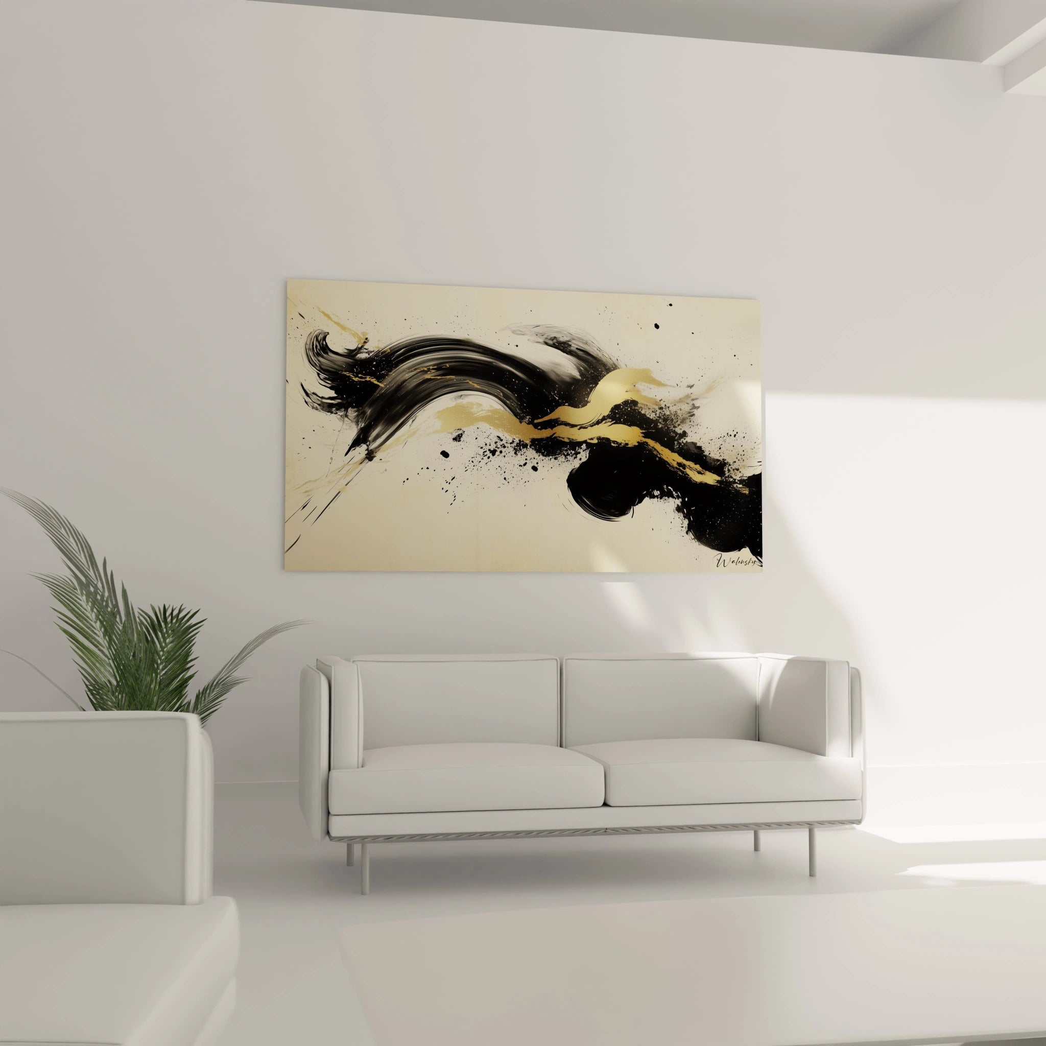 Tableau minimaliste abstrait de Walensky avec des formes noires et dorées sur un fond beige