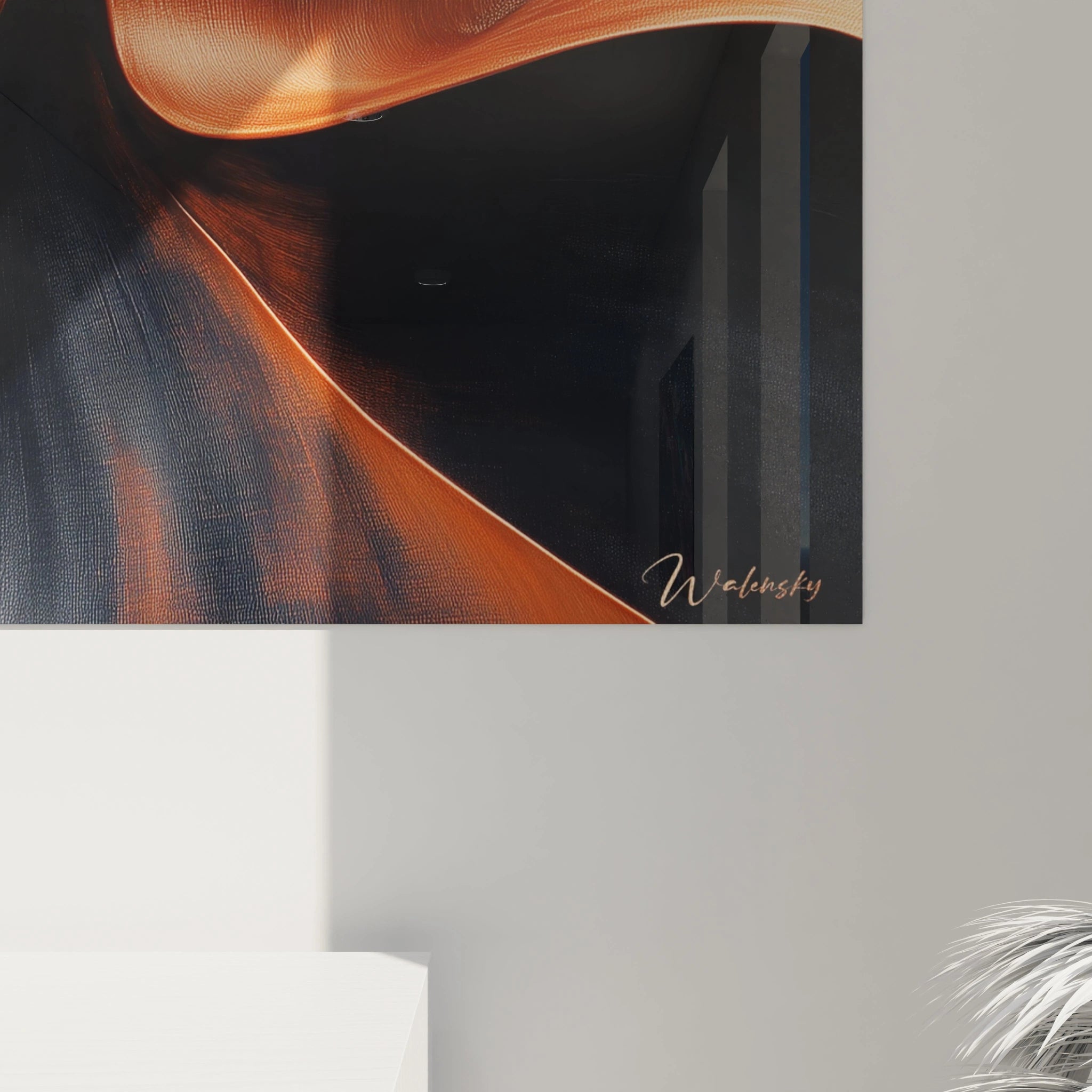 Tableau spirale abstrait de Walensky avec des couleurs chaudes et des formes fluides, parfait pour la décoration murale moderne