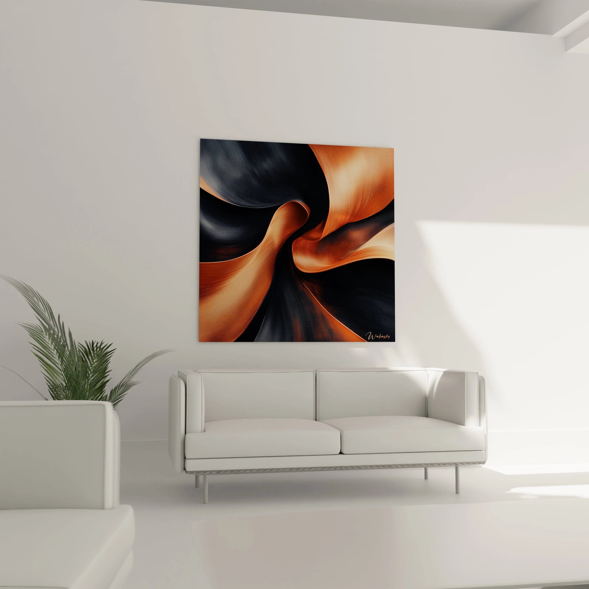 Tableau spirale abstrait de Walensky avec des teintes noires et oranges, parfait pour un intérieur moderne