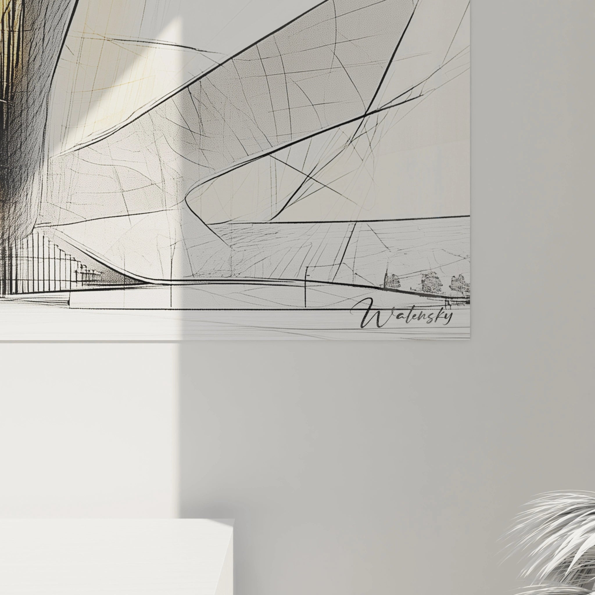 Tableau minimaliste abstrait de Walensky avec des lignes géométriques et des nuances de monochrome