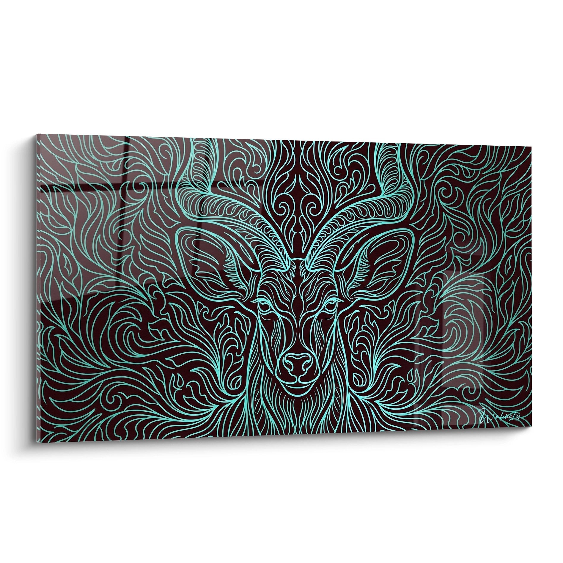 Tableau d'art animalier représentant un élan stylisé avec motifs turquoise sur fond sombre