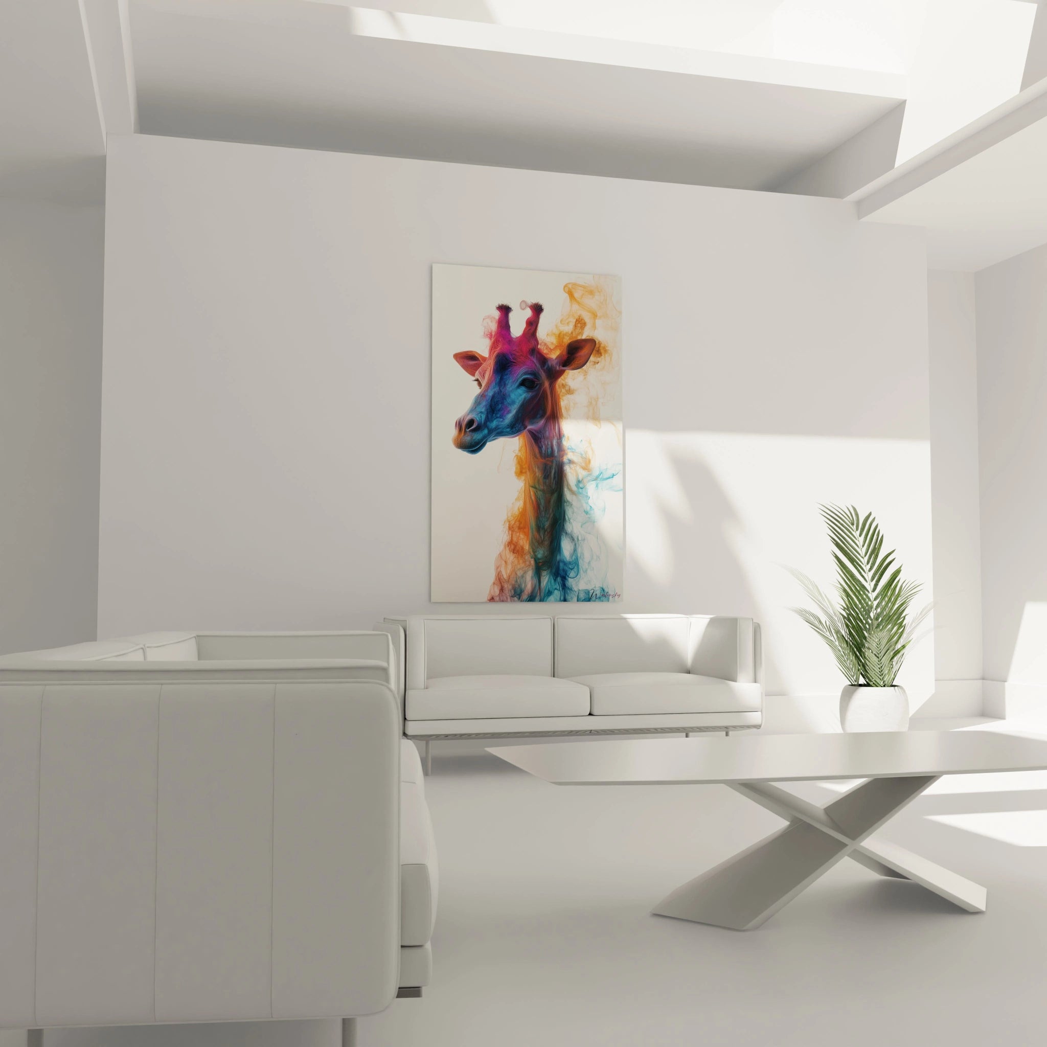 Un tableau girafe aux couleurs vives présentant une tête de girafe bleue et violette émergeant d'un fond blanc, avec des effets de fumée orange et turquoise qui se dissolvent progressivement pour former le corps de l'animal.