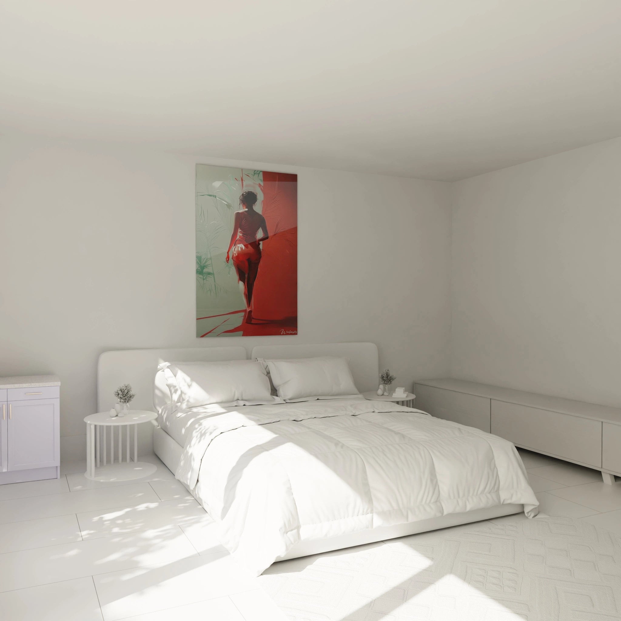 Silhouette féminine dans un tableau sensuelle abstrait, avec des nuances rouges dominantes et un contraste de verts doux, sur un fond minimaliste.