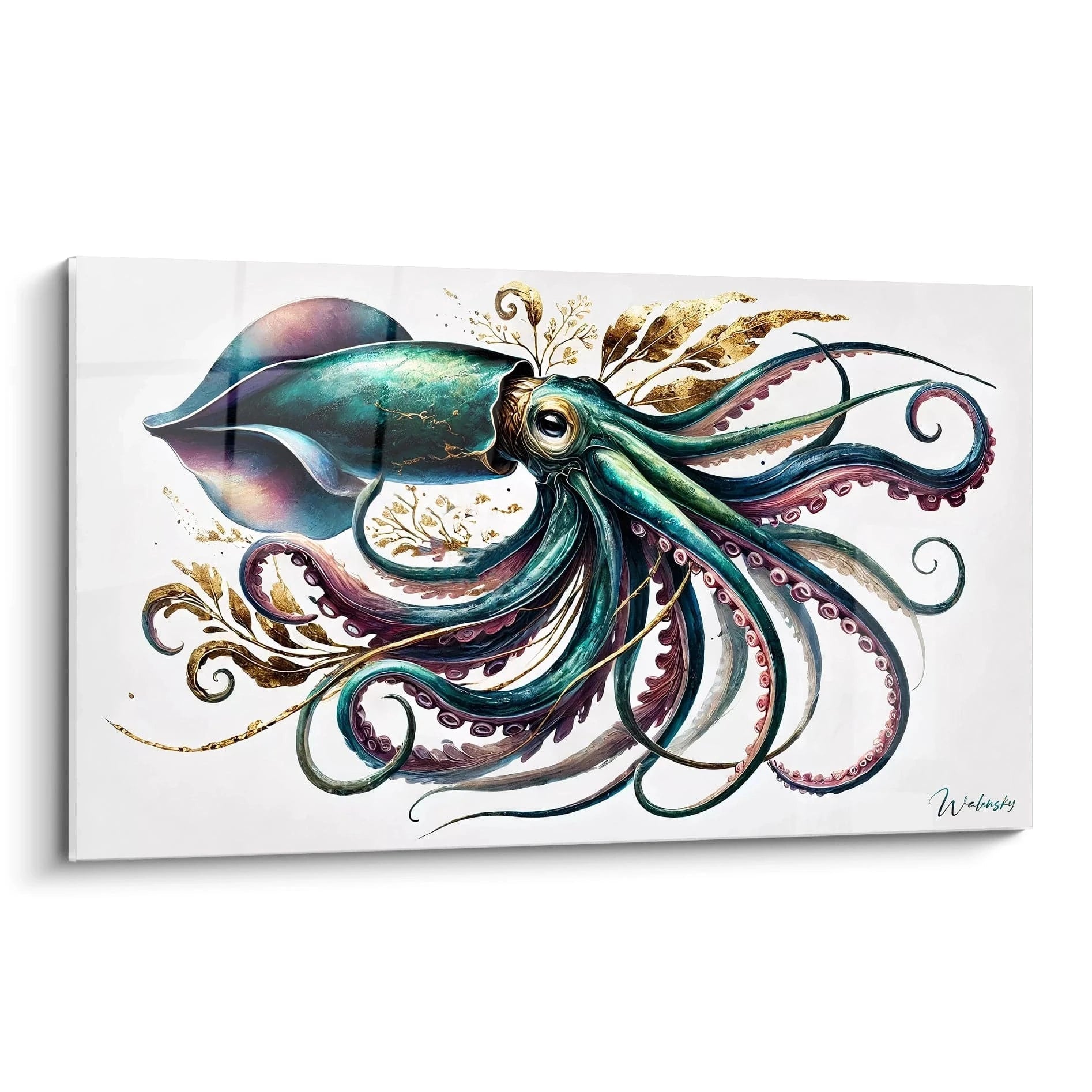 Découvrez le tableau calamar geant sous un angle unique, mettant en valeur ses textures métalliques et ses courbes fluides qui créent une profondeur fascinante.