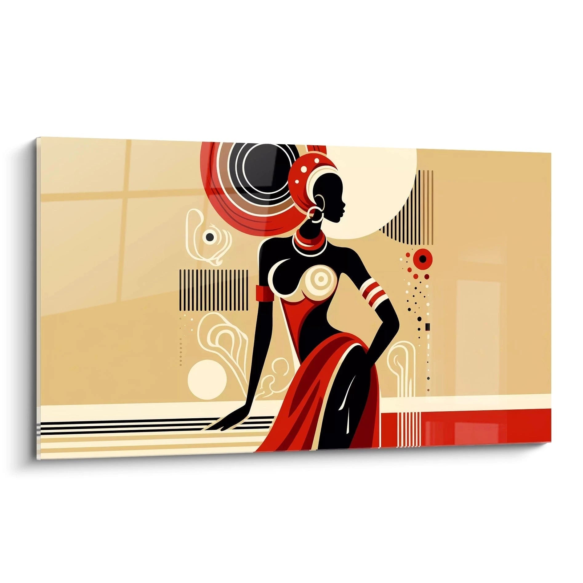 Ce tableau africain vu de biais montre des formes géométriques puissantes en rouge, beige et noir, symbolisant la force et la grâce de la femme africaine dans une composition élégante.