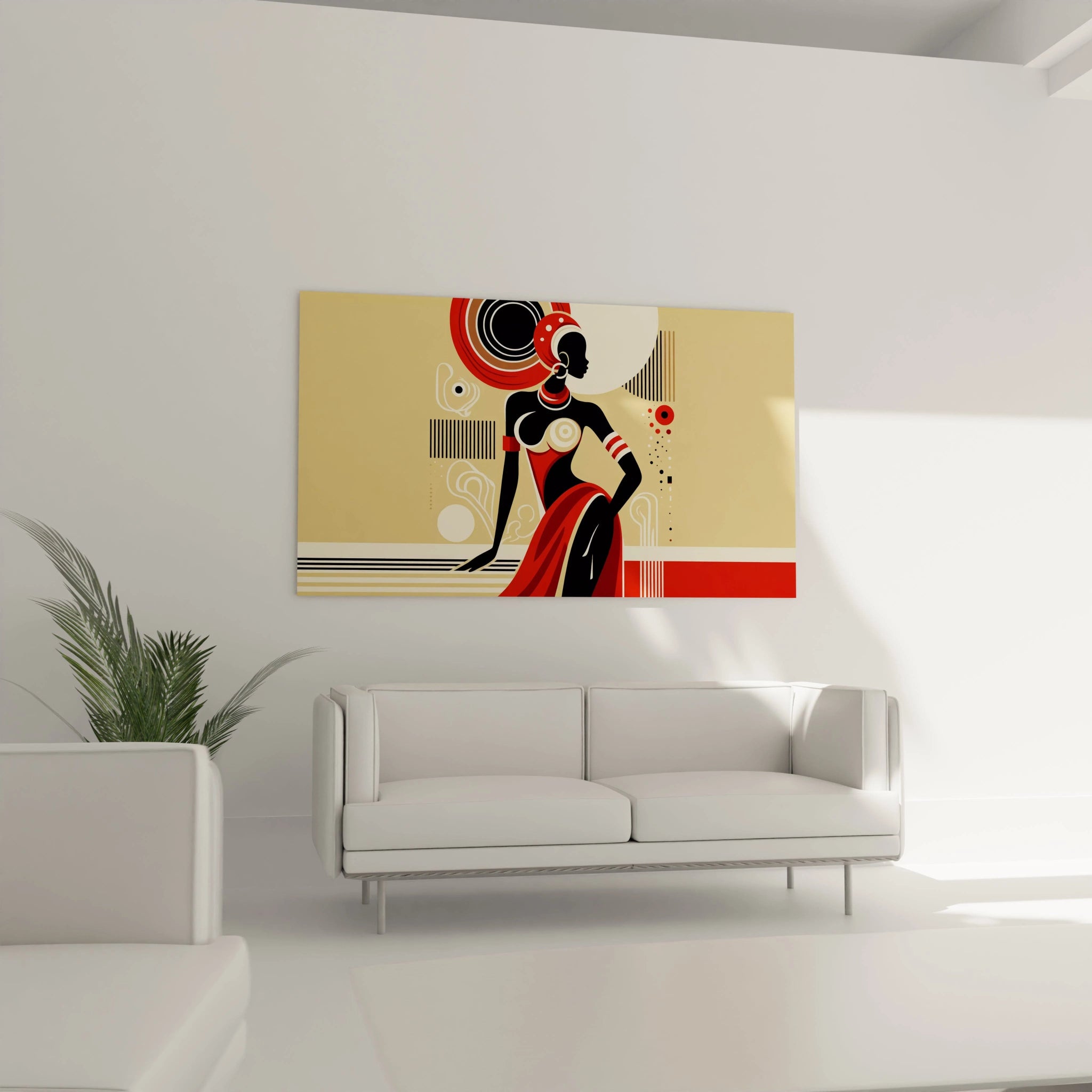 Dans le salon, ce tableau africain aux lignes audacieuses et couleurs riches en rouge, beige et noir devient le point focal, fusionnant tradition et modernité avec une énergie positive.