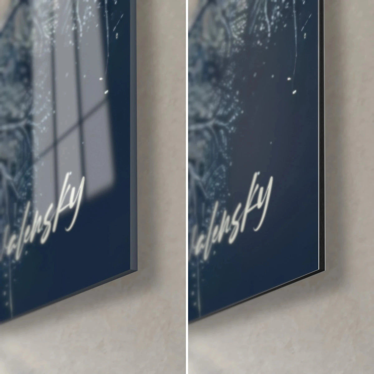 Gemälde eines Baums in Mitternachtsblau und Silber, untere rechte Ecke, glänzendes Acrylglas mit Reflexen und mattes Dibond, 3 mm Kante sichtbar