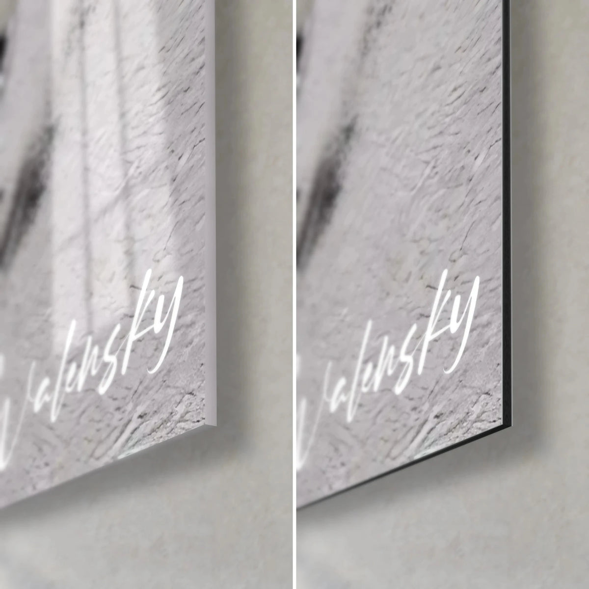 Wall art portrait with shiny black lips, bottom right corner: acrylic glass with reflections on the left, matte white Dibond aluminium on the right