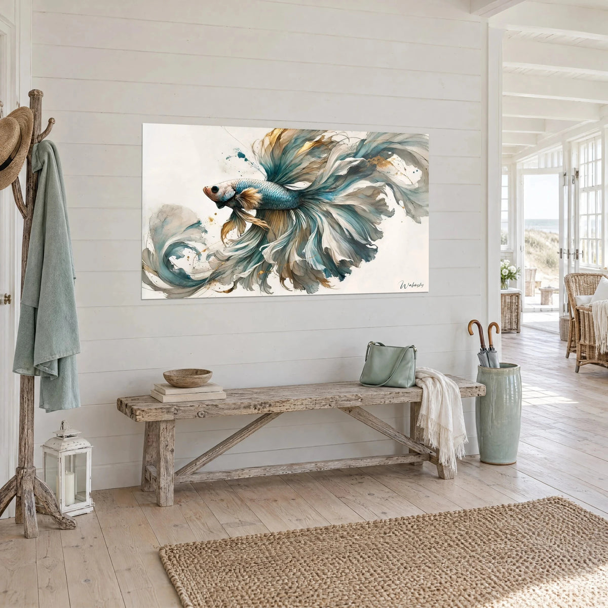 Tableau betta en aquarelle, écailles turquoise et voiles beige doré, sur un mur à lattes blanches d'une maison de bord de mer